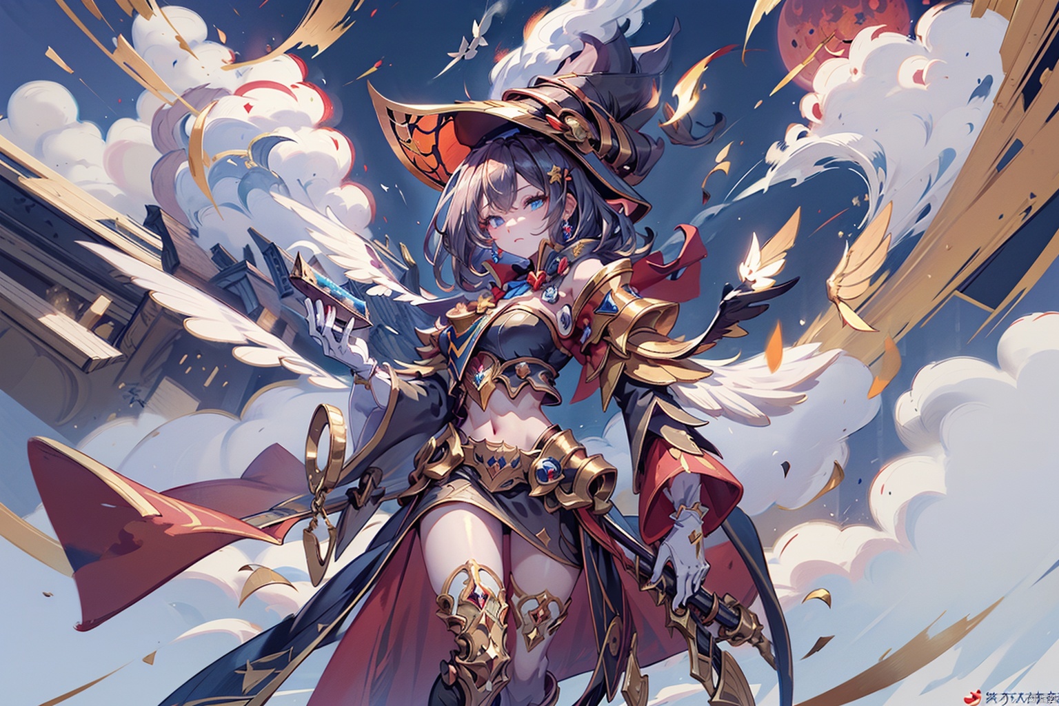 (((masterpiece))),best quality,illustration,beautiful detailed glow,(beautiful detailed eyes),(dark magician girl:1.1),big forhead,flower,large top sleeves,Floating ashes,Beautiful and detailed explosion,red moon,fire,Fire cloud,Wings on fire,a cloudy sky,smoke of gunpowder,burning,black dress,(beautiful detailed eyes),expressionless,beautiful detailed white gloves,Dove of peace,(floating cloud:1.2),azure hair,disheveled hair,long bangs,hairs between eyes,black kneehighs,black ribbon,white bowties,midriff,half closed eyes,