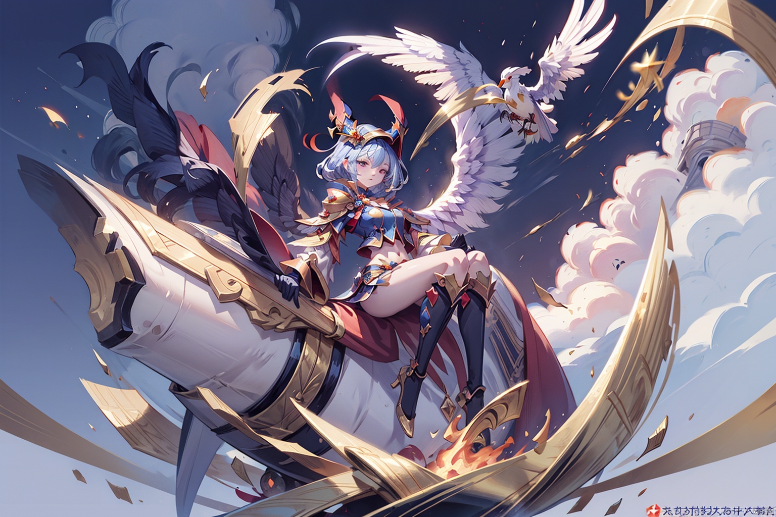 (((masterpiece))),best quality,illustration,beautiful detailed glow,(beautiful detailed eyes),(dark magician girl:1.1),big forhead,flower,large top sleeves,Floating ashes,Beautiful and detailed explosion,red moon,fire,Fire cloud,Wings on fire,a cloudy sky,smoke of gunpowder,burning,black dress,(beautiful detailed eyes),expressionless,beautiful detailed white gloves,Dove of peace,(floating cloud:1.2),azure hair,disheveled hair,long bangs,hairs between eyes,black kneehighs,black ribbon,white bowties,midriff,half closed eyes,