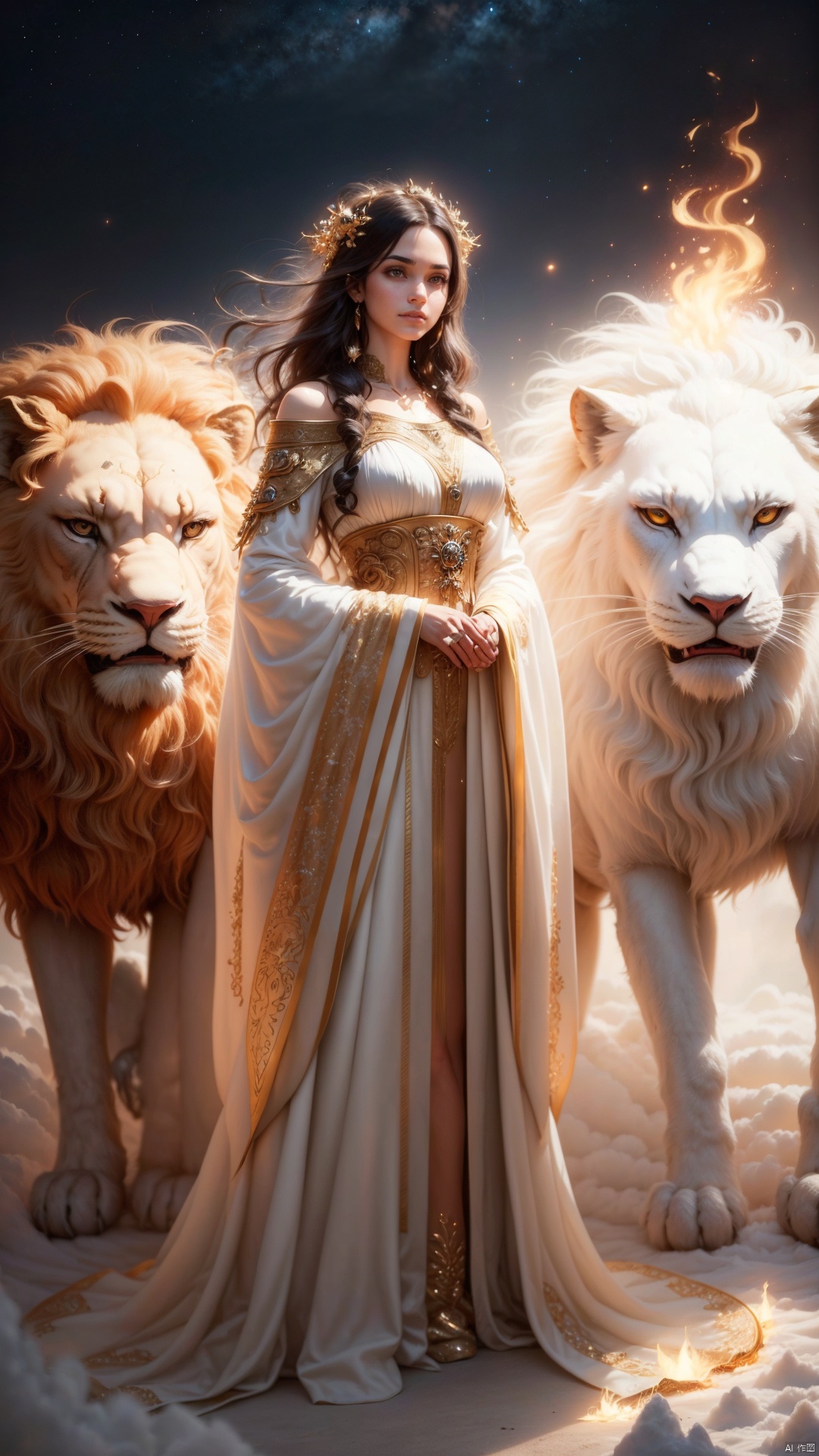  (1 girl), (wearing a gold embroidered dress), with long white hair, standing next to a flame lion. The lion is covered in flames, and the background is starry sky. The girl's gaze is firm, while the lion's gaze is wild and loyal. The entire scene is full of mystery and adventure. A girl with a fiery lion, night sky, stars, courage, determination, mythological creatures, fantasy, adventure, courage, loyalty, grandeur, magic, mystery, beauty (complex details, high resolution), clear focus, dramatic lighting, photo realistic art by Greg Rutkowski, Alphonse Mucha, and Frank Frazetta.