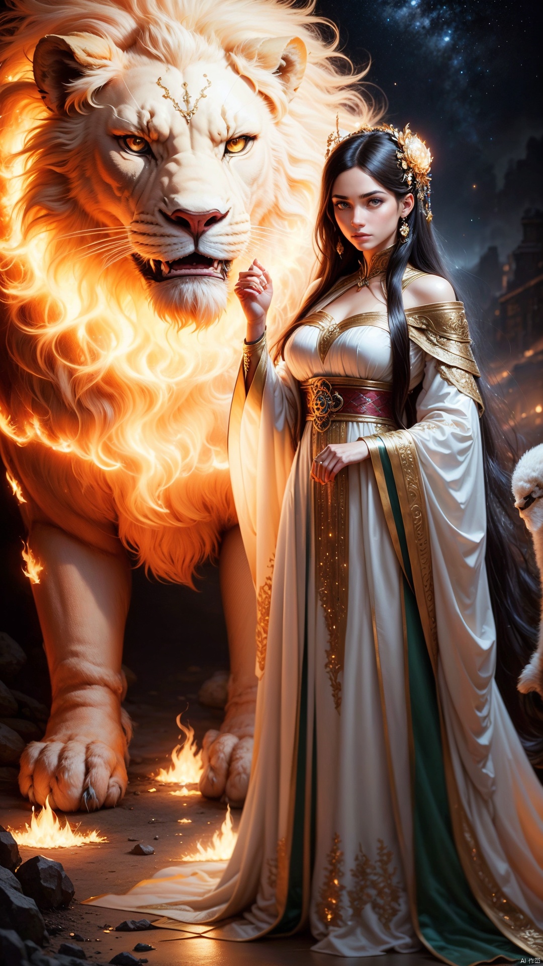  (1 girl), (wearing a gold embroidered dress), with long white hair, standing next to a flame lion. The lion is covered in flames, and the background is starry sky. The girl's gaze is firm, while the lion's gaze is wild and loyal. The entire scene is full of mystery and adventure. A girl with a fiery lion, night sky, stars, courage, determination, mythological creatures, fantasy, adventure, courage, loyalty, grandeur, magic, mystery, beauty (complex details, high resolution), clear focus, dramatic lighting, photo realistic art by Greg Rutkowski, Alphonse Mucha, and Frank Frazetta.