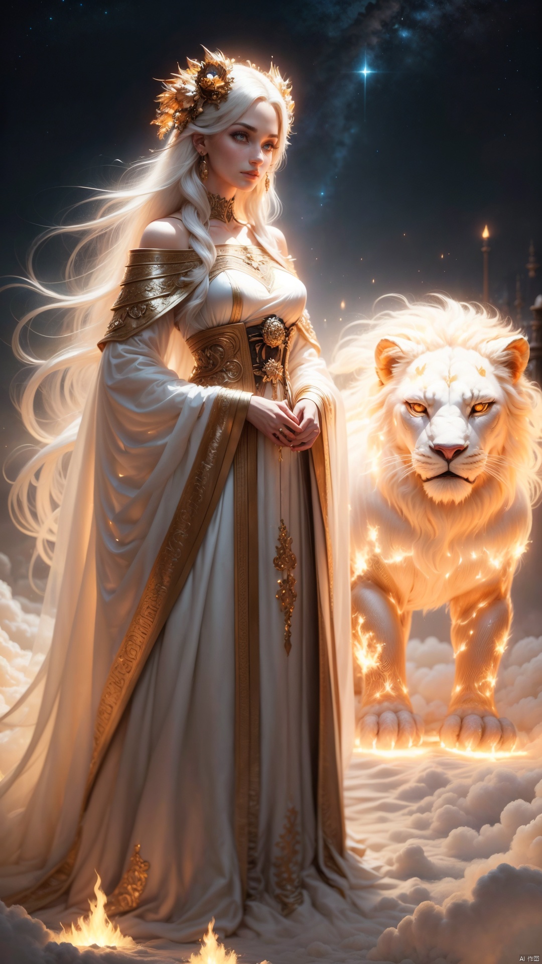  (1 girl), (wearing a gold embroidered dress), with long white hair, standing next to a flame lion. The lion is covered in flames, and the background is starry sky. The girl's gaze is firm, while the lion's gaze is wild and loyal. The entire scene is full of mystery and adventure. A girl with a fiery lion, night sky, stars, courage, determination, mythological creatures, fantasy, adventure, courage, loyalty, grandeur, magic, mystery, beauty (complex details, high resolution), clear focus, dramatic lighting, photo realistic art by Greg Rutkowski, Alphonse Mucha, and Frank Frazetta.