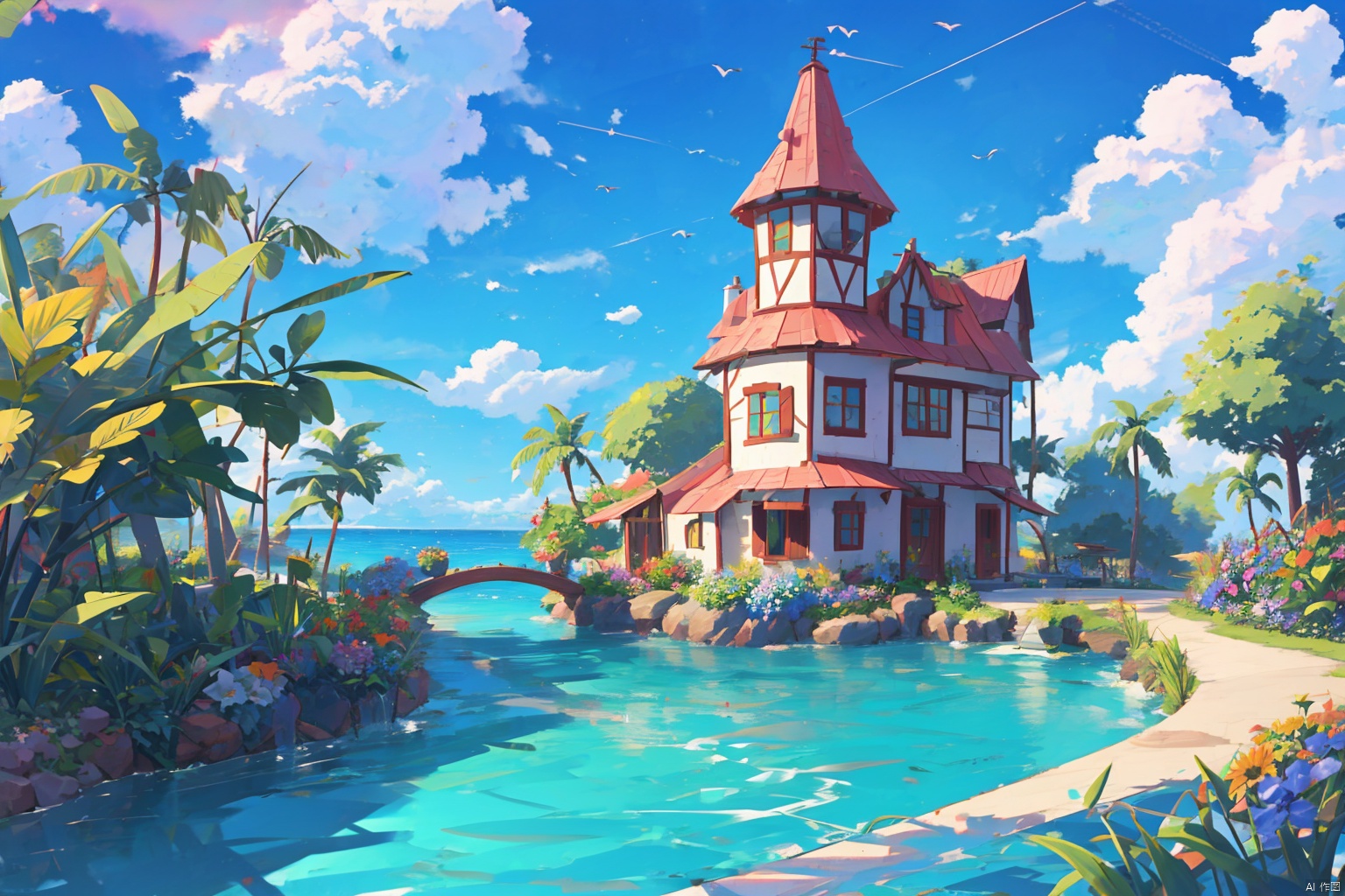 blue sky bridge building bush chimney city cityscape cloud cloudy sky day fantasy field flower garden grass house leaf mountain no humans ocean outdoors palm tree plant potted plant river scenery sky sunflower tower tree tree stump water windmill 