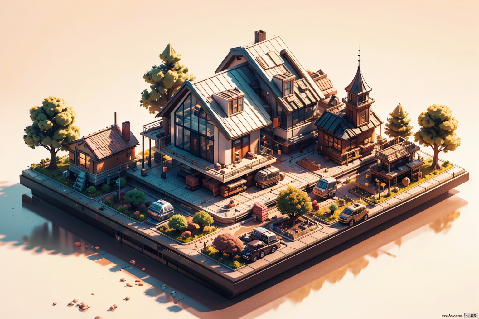 Miniature city, Modern architecture, Miniature city, cartoon, clay material, isometric, 3D rendering, smooth and shiny, Cute, girly style, Pastel colors, spot light, warm tone, white background, Best Detail, HD, high resolution, Trending on Nintendo, behance, dribble