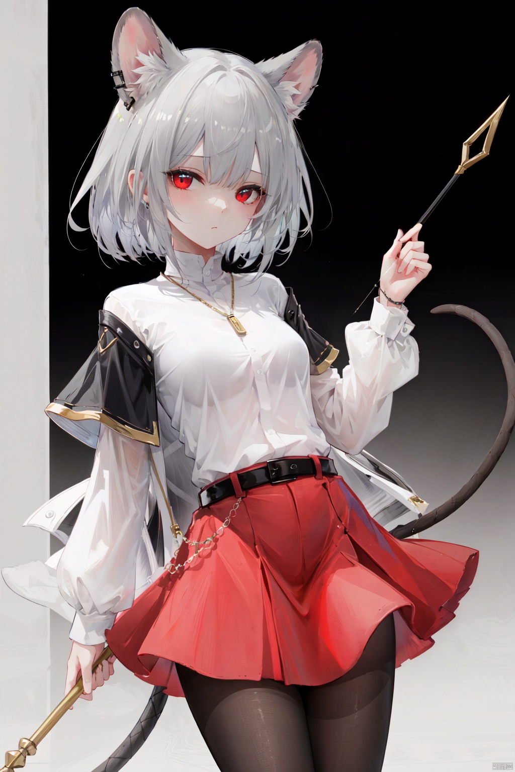 solo, dowsing rod, tail, 1girl, nazrin, animal ears, red eyes, grey hair, short hair, :<, capelet, pendant, simple background, looking at viewer, long sleeves, mouse tail, mouse ears, holding, jewelry, white background, bangs, skirt, pantyhose, closed mouth, blush, belt, white shirt, shirt
