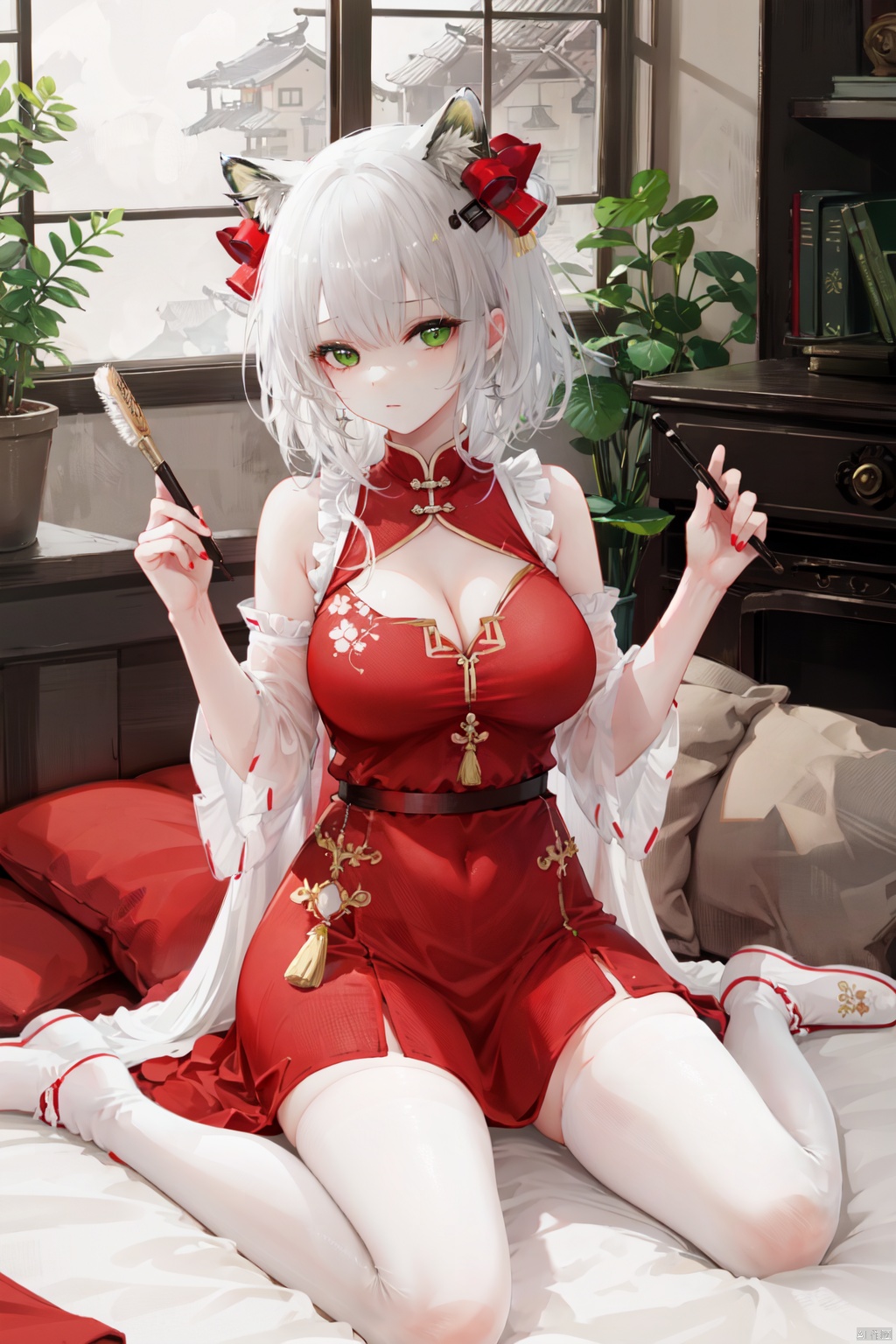 1girl, breasts, kal'tsit \(arknights\), hair bell, solo, white hair, thighhighs, dress, animal ears, bell, sleeveless dress, holding, looking at viewer, sitting, white dress, green eyes, white thighhighs, sleeveless, detached sleeves, white footwear, large breasts, wariza, clothing cutout, closed mouth, jingle bell, cleavage, bangs, frills, short hair, animal ear fluff, hair ornament, cleavage cutout, alternate costume, sleeping, tiger, zzz, see-through, hand up, hair ribbon, ribbon, bare shoulders, bow, paintbrush, short dress, red bow, red ribbon, hair bow, full body, red nails, scroll, cat ears, red pupils, calligraphy brush, chinese clothes