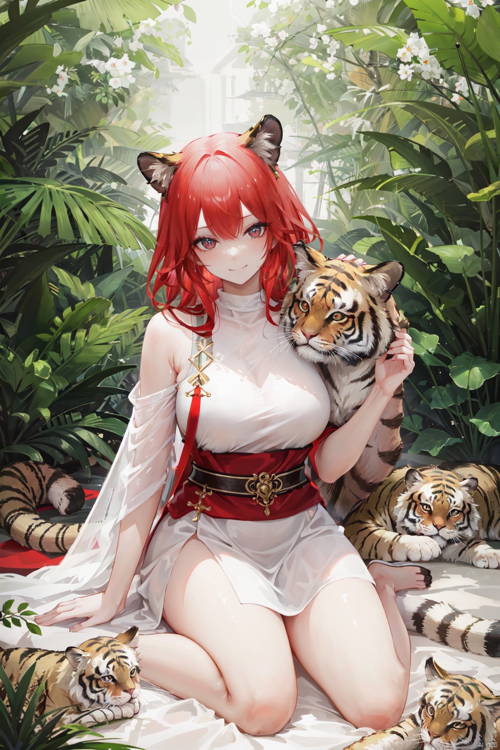 oil painting style, best quality, detailed face, full figure, a half-hybrid girl with a tiger, she has ears like a tiger and a tail like a tiger , the rest of her body is human, she has beautiful red hair, a beautiful symmetrical face with an innocent cut, she is in the forest, she has beautiful black eyes, wearing a floral print white saree dress, she is with other animals symmetrical, vibrant, style artwork, highly detailed CG, 8k wallpaper, beautiful face, full scene, full body shape