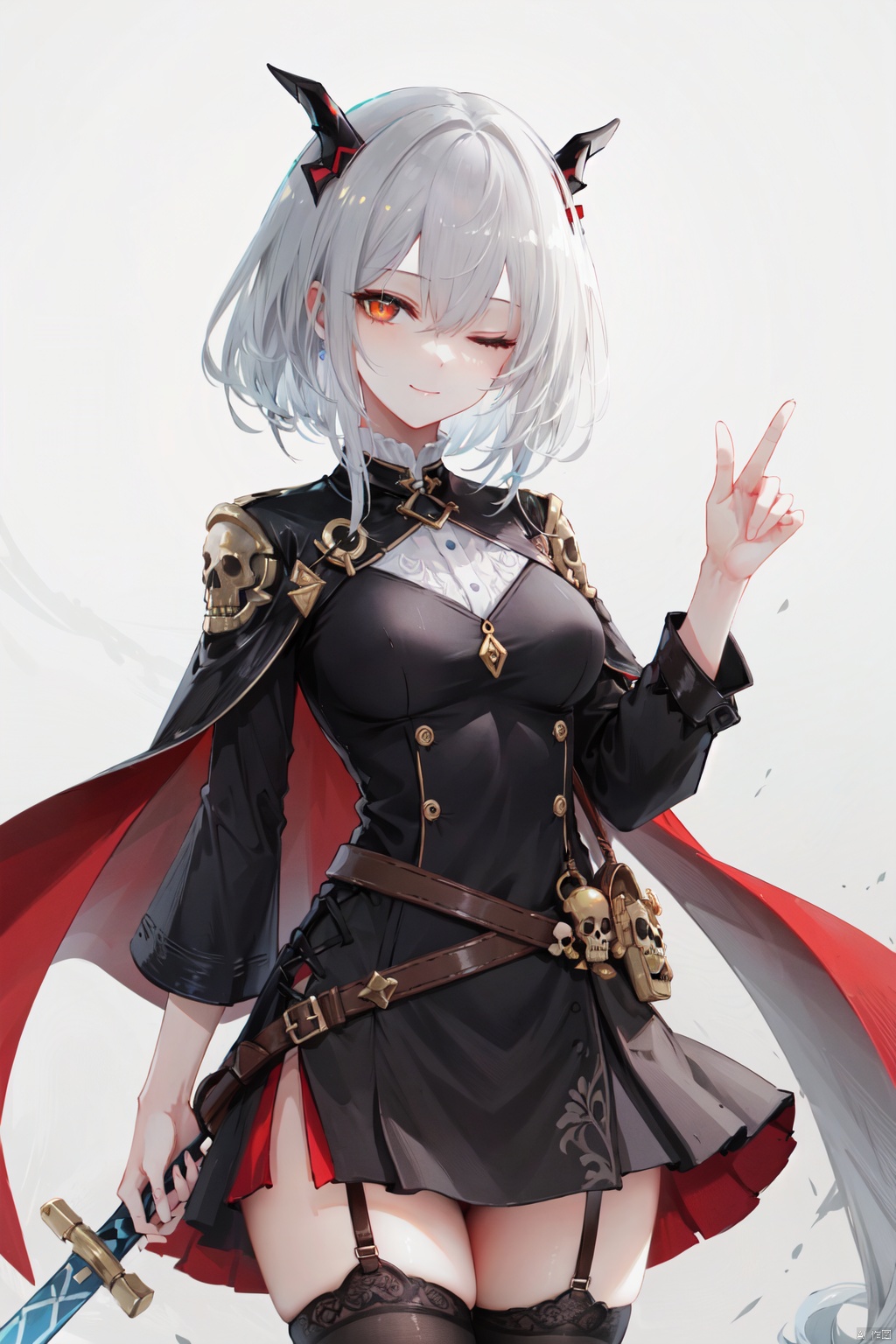 1girl, solo, horns, shushing, grey hair, skull, looking at viewer, finger to mouth, black dress, long sleeves, thigh strap, holding, one eye closed, breasts, dress, index finger raised, thighhighs, hair intakes, orange background, bangs, sword, cape, short hair, weapon, hair between eyes, smile, medium breasts, belt, simple background