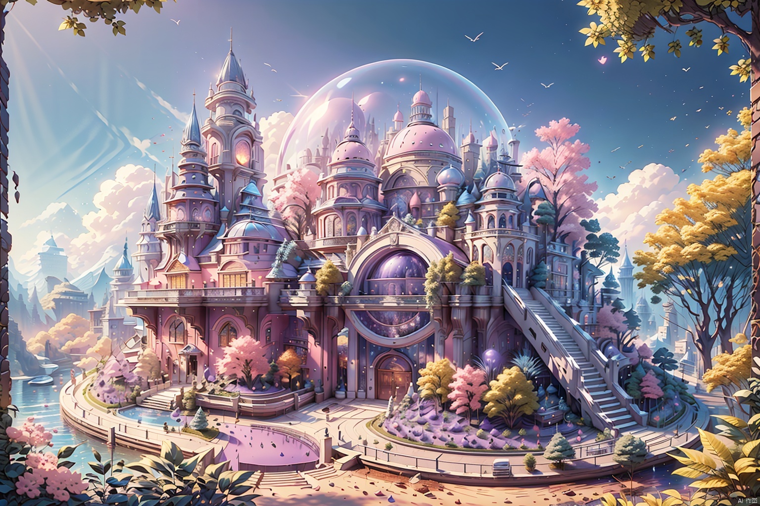 Dream, cake castle, (pink, purple, white), brick-like texture design, chocolate chips, icing, chocolate chains, exquisite windows and doors, beautiful textures, gardens, trees, shrubs, 8k, high quality, top CG, highest picture quality, best work, movie lighting, cool lighting effects, special effects, masterpieces, best quality, extreme details, illustrations, ultra-high definition, ultra-fine sections, 8k resolution, ultra-high resolution, best picture quality, high detail, master level, detail level