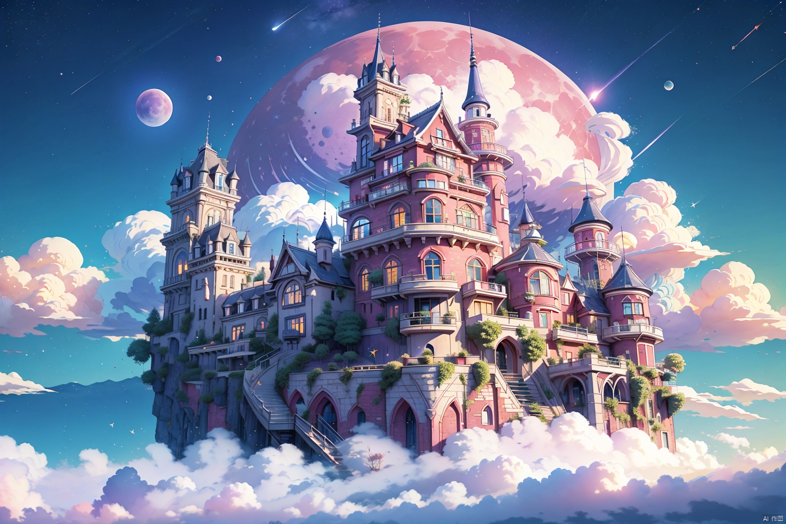 a castle with a pink staircase going up to it and a moon in the sky above it and a pink staircase going up to it, above clouds, architecture, building, castle, chimney, city, city lights, cityscape, clock, clock tower, cloud, cloudy sky, constellation, crescent moon, earth \(planet\), full moon, galaxy, horizon, house, milky way, moon, moonlight, mountain, mountainous horizon, night, night sky, no humans, outdoors, planet, purple sky, red moon, rooftop, scarlet devil mansion, scenery, shooting star, sky, skyline, skyscraper, space, star \(sky\), starry sky, sun, tower