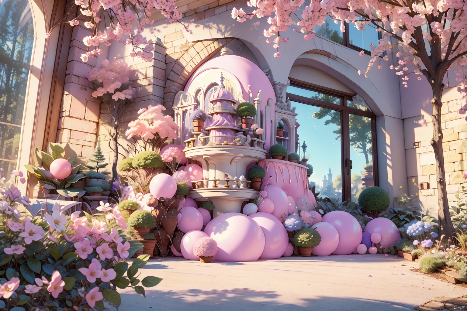 Dream, cake castle, (pink, purple, white), brick-like texture design, chocolate chips, icing, chocolate chains, exquisite windows and doors, beautiful textures, gardens, trees, shrubs, 8k, high quality, top CG, highest picture quality, best work, movie lighting, cool lighting effects, special effects, masterpieces, best quality, extreme details, illustrations, ultra-high definition, ultra-fine sections, 8k resolution, ultra-high resolution, best picture quality, high detail, master level, detail level