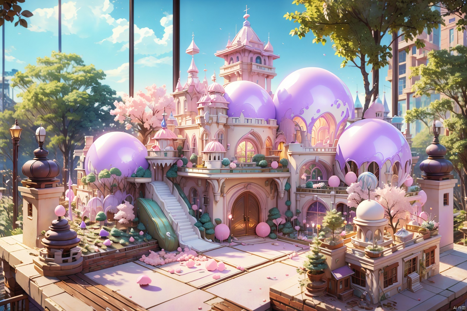 Dream, cake castle, (pink, purple, white), brick-like texture design, chocolate chips, icing, chocolate chains, exquisite windows and doors, beautiful textures, gardens, trees, shrubs, 8k, high quality, top CG, highest picture quality, best work, movie lighting, cool lighting effects, special effects, masterpieces, best quality, extreme details, illustrations, ultra-high definition, ultra-fine sections, 8k resolution, ultra-high resolution, best picture quality, high detail, master level, detail level