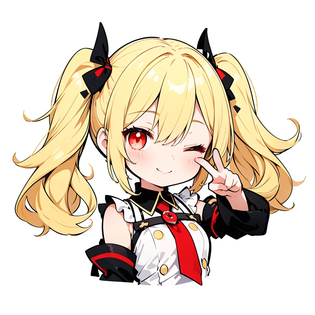 one eye closed,smiling,cast a seductive eye,finger on faceemoji,pure white background, simple drawing,chibi,white background1girl,cute:1.2,yellow hair,red eyes,twintails,bangs,(dynamic pose,dynamic angle),((upper body)),  <lora:优可试做chibi:1>