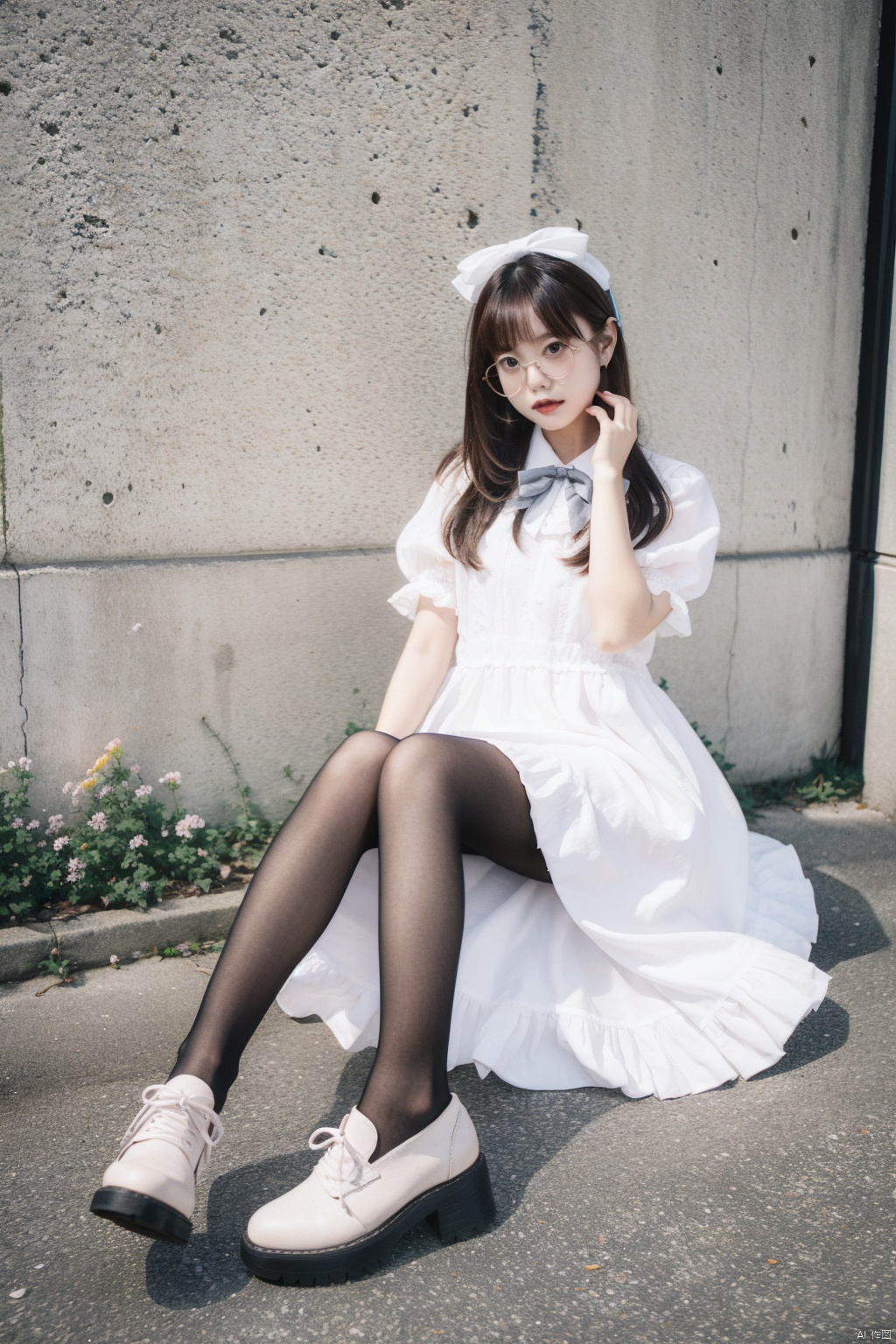  1girl named aki,1girl, dress,_style dress, sitting, pantyhose, long hair, white footwear, brown hair, shoes, holding, full body, glasses, box, hair ornament, high heels, black hair, flower, bow, lolita fashion, white pantyhose, platform footwear, hand up,see-through, ribbon, = good anatomy, good proportions, shapely body,