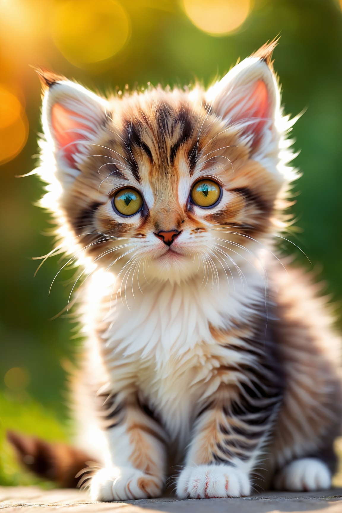 A cute portrait of a kitten in an outdoor setting. The adorable little cat is the main focus of the image. Its fur is fluf...