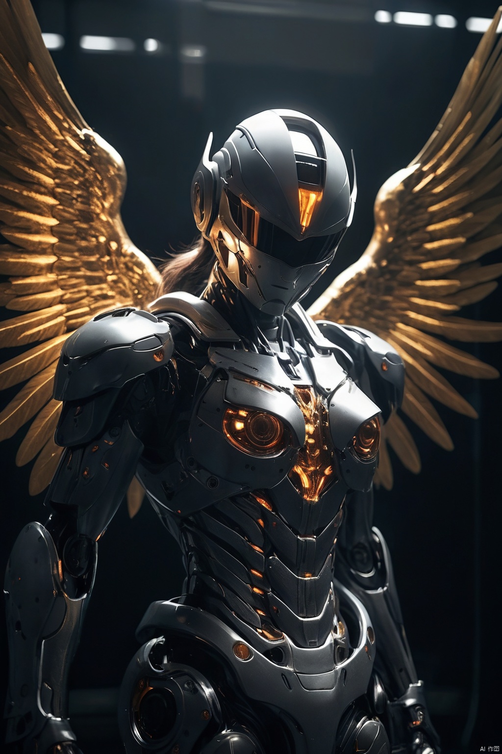  Award-winning work, beautiful angel, light through angel wings, facing the lens, strong light and dark contrast, dramatic lighting, dark tone photos, movie tone, horror atmosphere, high definition, 8k, Sony movie machine shooting,dark, HUBG_Mecha_Armor