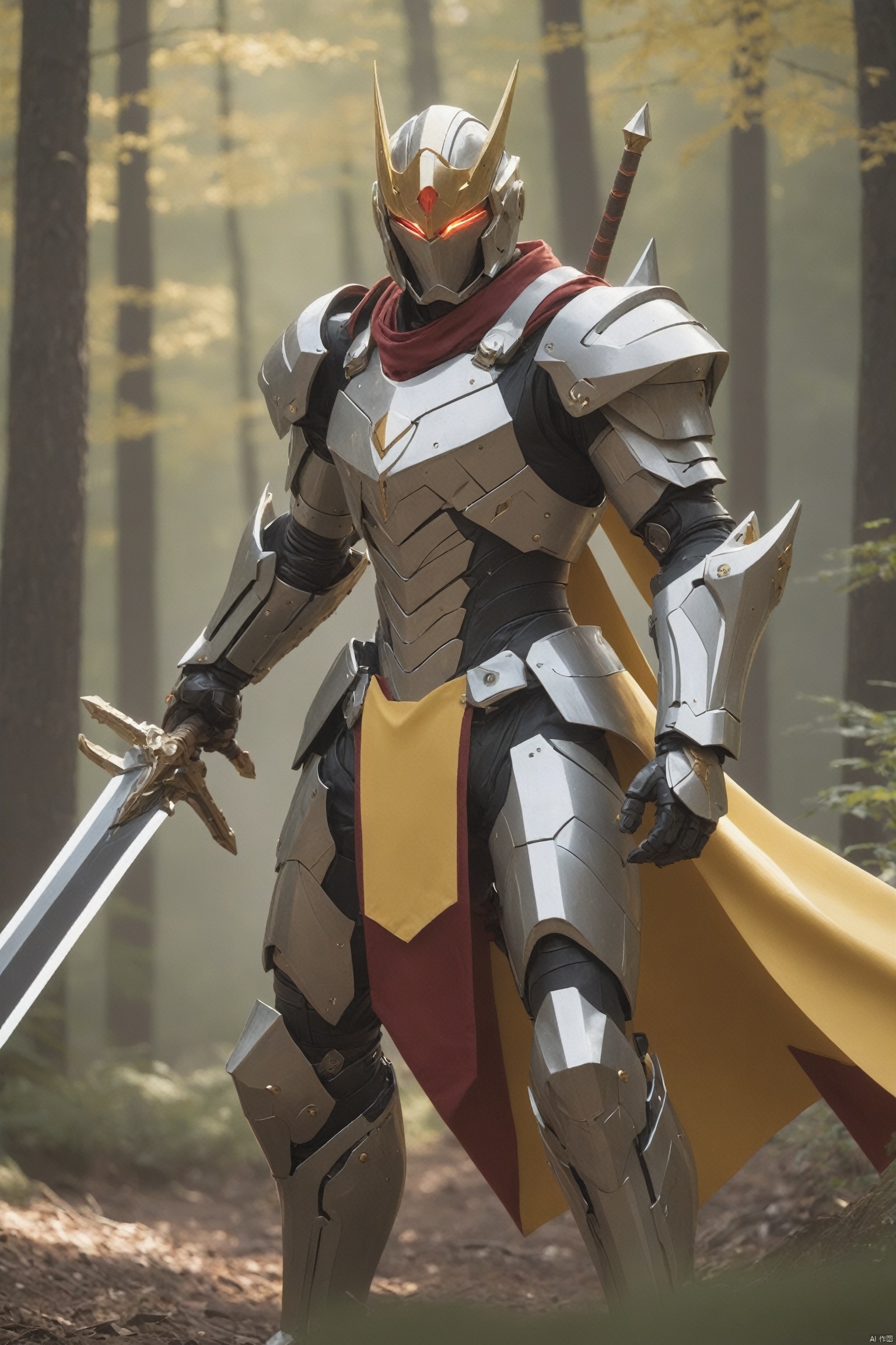  HUBG_Mecha_Armor, official art, 

(1boy,The swordsman, Raise your longsword and look at the audience, male, robust:1.3),solo,bearded,

fighting position,forests,

(yellow and red medieval byzantine theme),
cowboy shot, (alive skin),