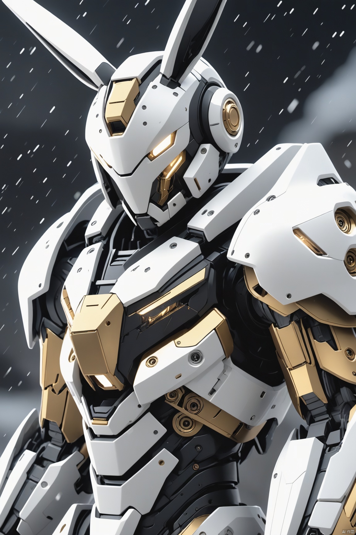 A black and golden and white HUBG_Mecha_Armor robot, Mechanical Rabbit Helmet,
He has a white ceramic-like ultra-clean surface with a platinum helmet, extreme cold light ambience, 

outdoors.night,Transparent,snowing, fighting position,Chill, steam,reactor,
wide shot,cowboy shot, 

HDR, IMAX, 8K resolutions, ultra resolutions, magnificent, best quality, masterpiece,
cinematic scenes, cinematic shots, cinematic lighting, volumetric lighting, ultra-detailed,