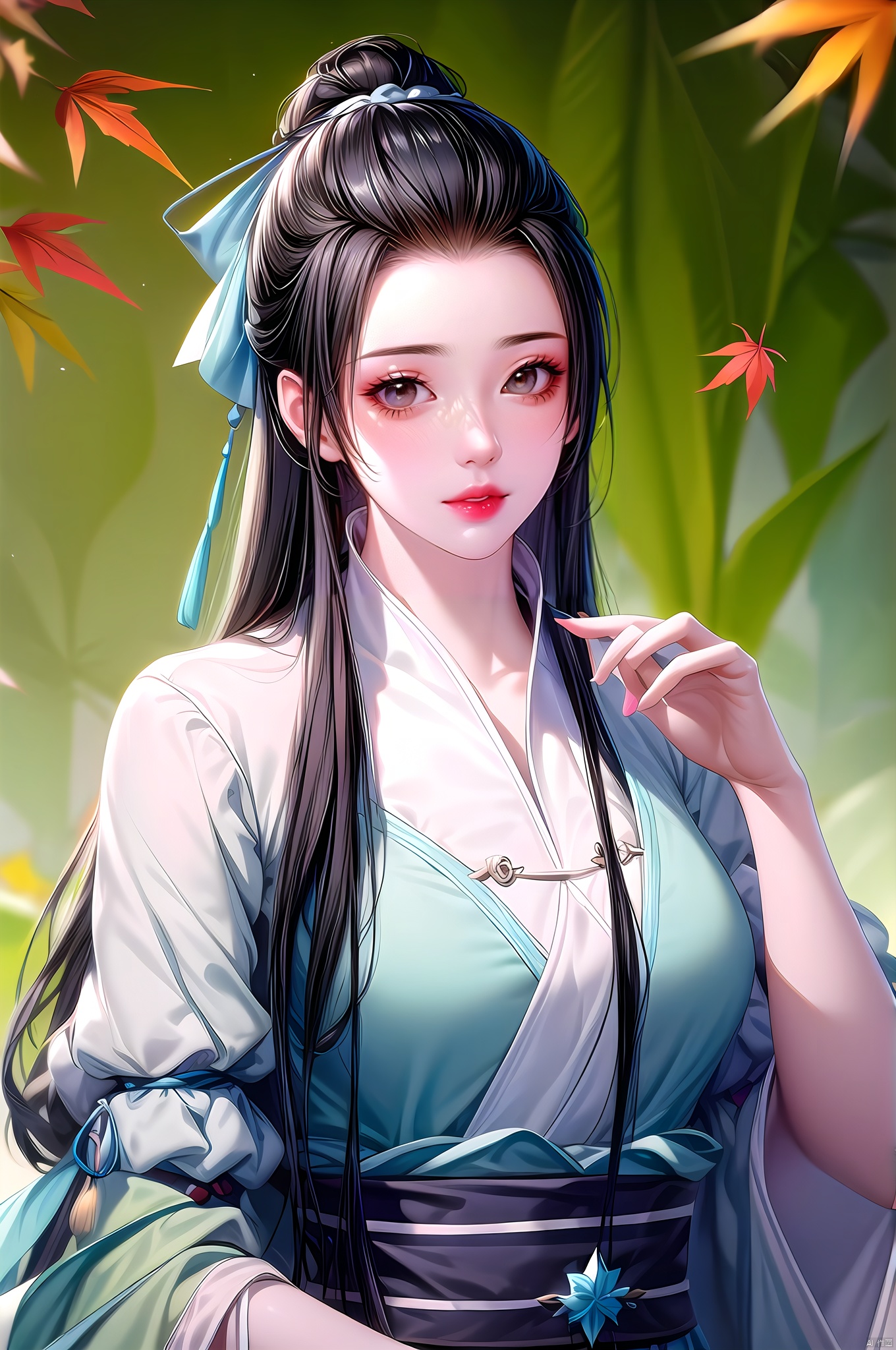 Qishuang, solo, long hair, black hair, leaf, 1girl, autumn leaves, maple leaf, (upper body:1.5), looking at iewer, brown eyes,hair ornament,chinese clothes, ribbon,nice hands, perfect balance, looking at viewer, closed mouth, (Light_Smile:0.3), official art, extremely detailed CG unity 8k wallpaper, perfect lighting, Colorful, Bright_Front_face_Lighting, White skin, (masterpiece:1), (best_quality:1), ultra high res, 4K, ultra-detailed, photography, 8K, HDR, highres, absurdres:1.2, Kodak portra 400, film grain, blurry background, bokeh:1.2, lens flare, (vibrant_color:1.2), professional photograph, (narrow_waist), dark studio, Qishuang
