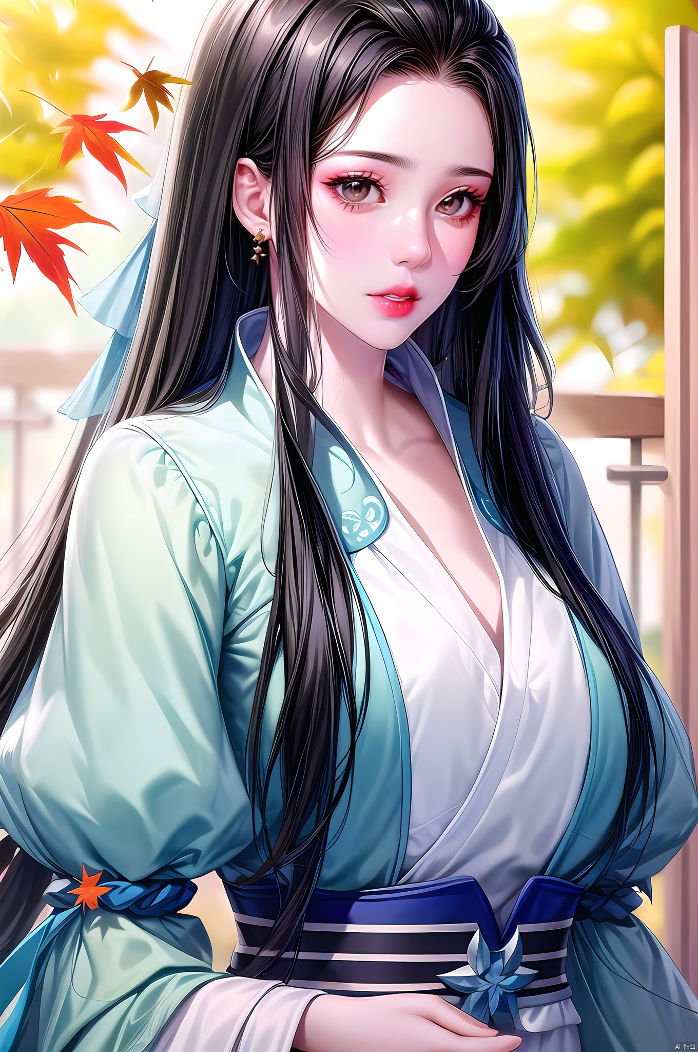 Qishuang, solo, long hair, black hair, leaf, 1girl, autumn leaves, maple leaf, (upper body:1.5), looking at iewer, brown eyes,hair ornament,chinese clothes, ribbon,nice hands, perfect balance, looking at viewer, closed mouth, (Light_Smile:0.3), official art, extremely detailed CG unity 8k wallpaper, perfect lighting, Colorful, Bright_Front_face_Lighting, White skin, (masterpiece:1), (best_quality:1), ultra high res, 4K, ultra-detailed, photography, 8K, HDR, highres, absurdres:1.2, Kodak portra 400, film grain, blurry background, bokeh:1.2, lens flare, (vibrant_color:1.2), professional photograph, (narrow_waist), dark studio, Qishuang