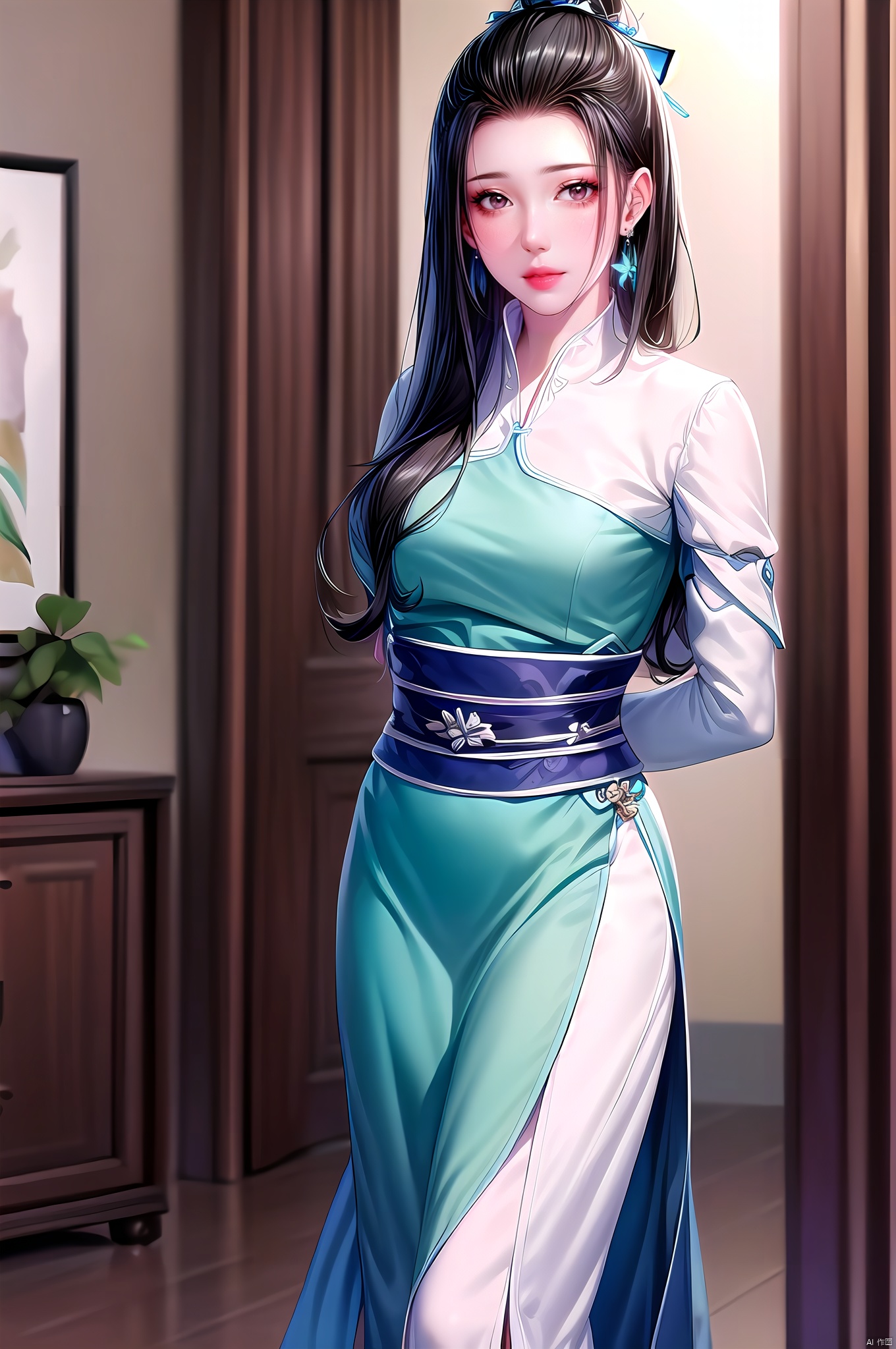 Qishuang, 1girl, long hair, dress, black hair, solo, jewelry, hair ornament, cowboy_shot, earrings, bug, sash, high heels, butterfly, hand on own chest, chinese clothes,(arms behind back:1.5),nice hands, perfect balance, looking at viewer, closed mouth, (Light_Smile:0.3), official art, extremely detailed CG unity 8k wallpaper, perfect lighting, Colorful, Bright_Front_face_Lighting, White skin, (masterpiece:1), (best_quality:1), ultra high res, 4K, ultra-detailed, photography, 8K, HDR, highres, absurdres:1.2, Kodak portra 400, film grain, blurry background, bokeh:1.2, lens flare, (vibrant_color:1.2), professional photograph, (narrow_waist), dark studio, , Qishuang
