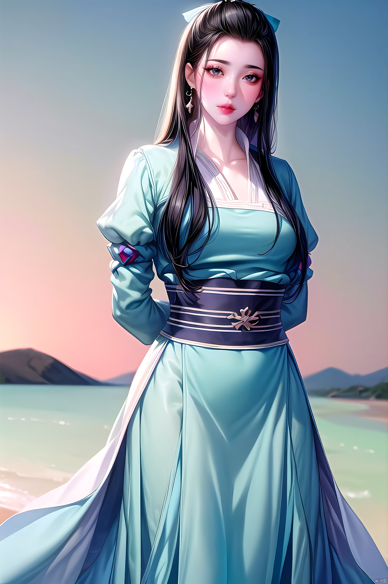 Qishuang, 1girl, black hair, long hair, solo, dress, hair ornament, jewelry, earrings, chinese clothes, ribbon, white dress, sash, sheath, sky,(arms behind back:1.5),nice hands, perfect balance, looking at viewer, closed mouth, (Light_Smile:0.3), official art, extremely detailed CG unity 8k wallpaper, perfect lighting, Colorful, Bright_Front_face_Lighting, White skin, (masterpiece:1), (best_quality:1), ultra high res, 4K, ultra-detailed, photography, 8K, HDR, highres, absurdres:1.2, Kodak portra 400, film grain, blurry background, bokeh:1.2, lens flare, (vibrant_color:1.2), professional photograph, (narrow_waist), dark studio, , Qishuang