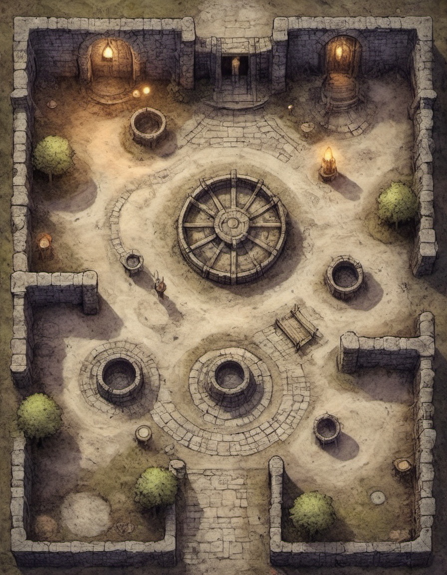 top down view of an rpg battlemap around a well and benches expert cartography D&D fantasy horror creature magical glowing...