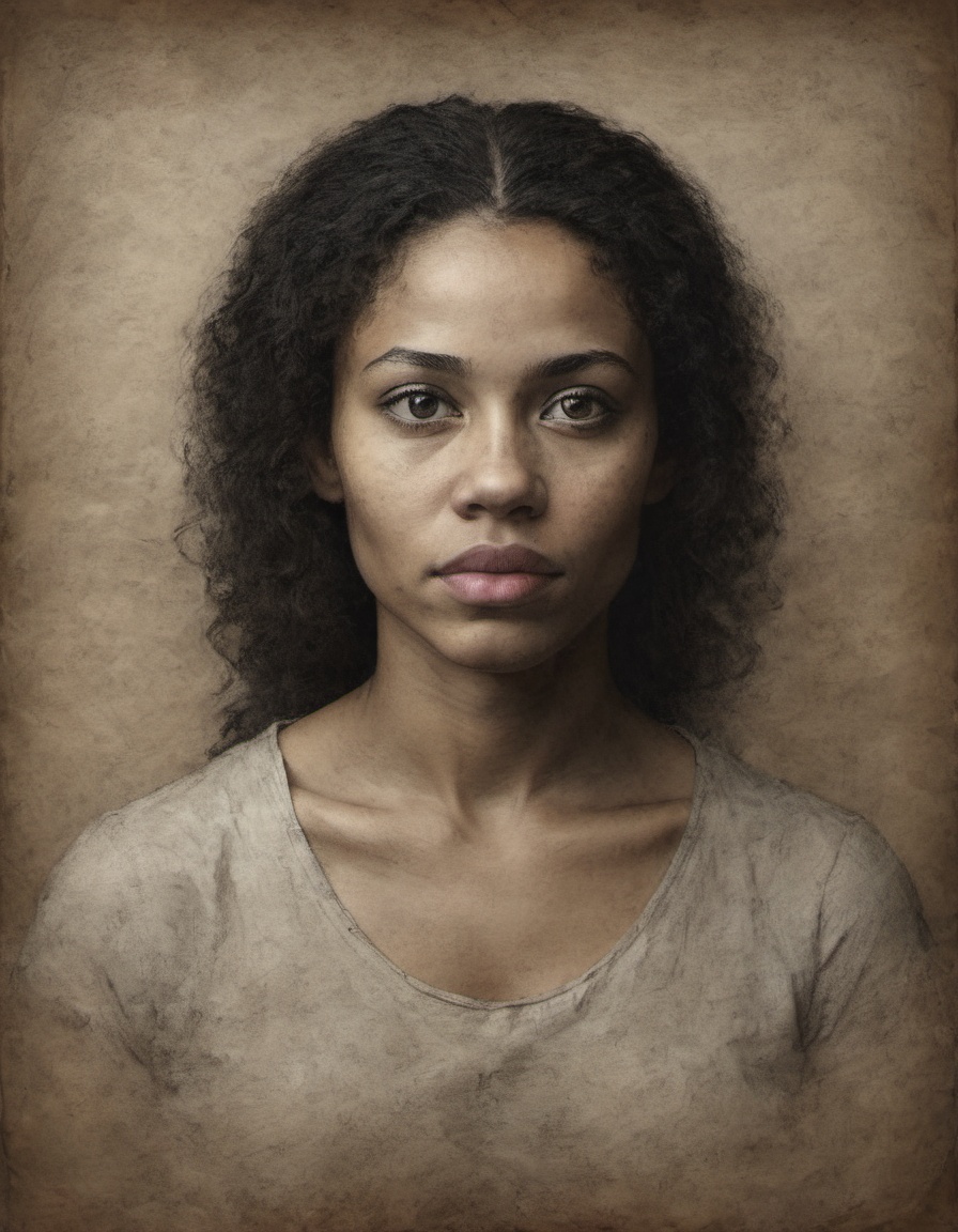 black portrait on parchment of a biracial woman with hazel eyes and a black background dim low lighting situation with sta...