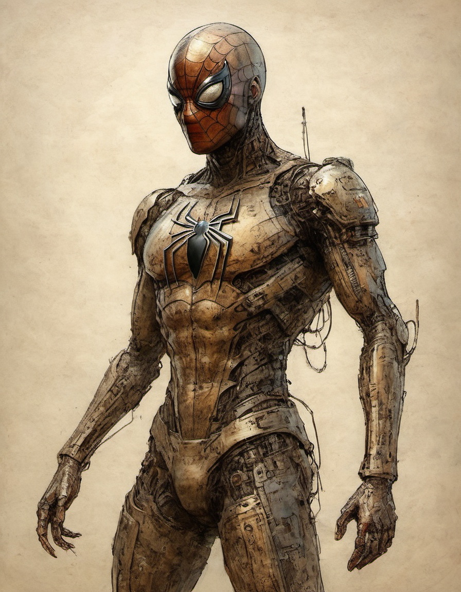 on parchment futuristic cybernetic scifi mecha Spiderman suit Marvel character design rust and metal and copper mad max fu...