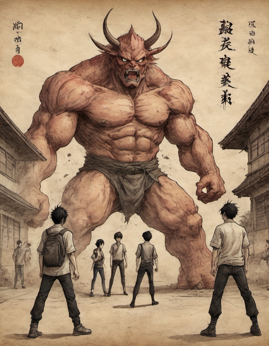 on parchment anime style illustration 3 high schoolers clash with giant oni in front of a japanese high school Shōnen art...