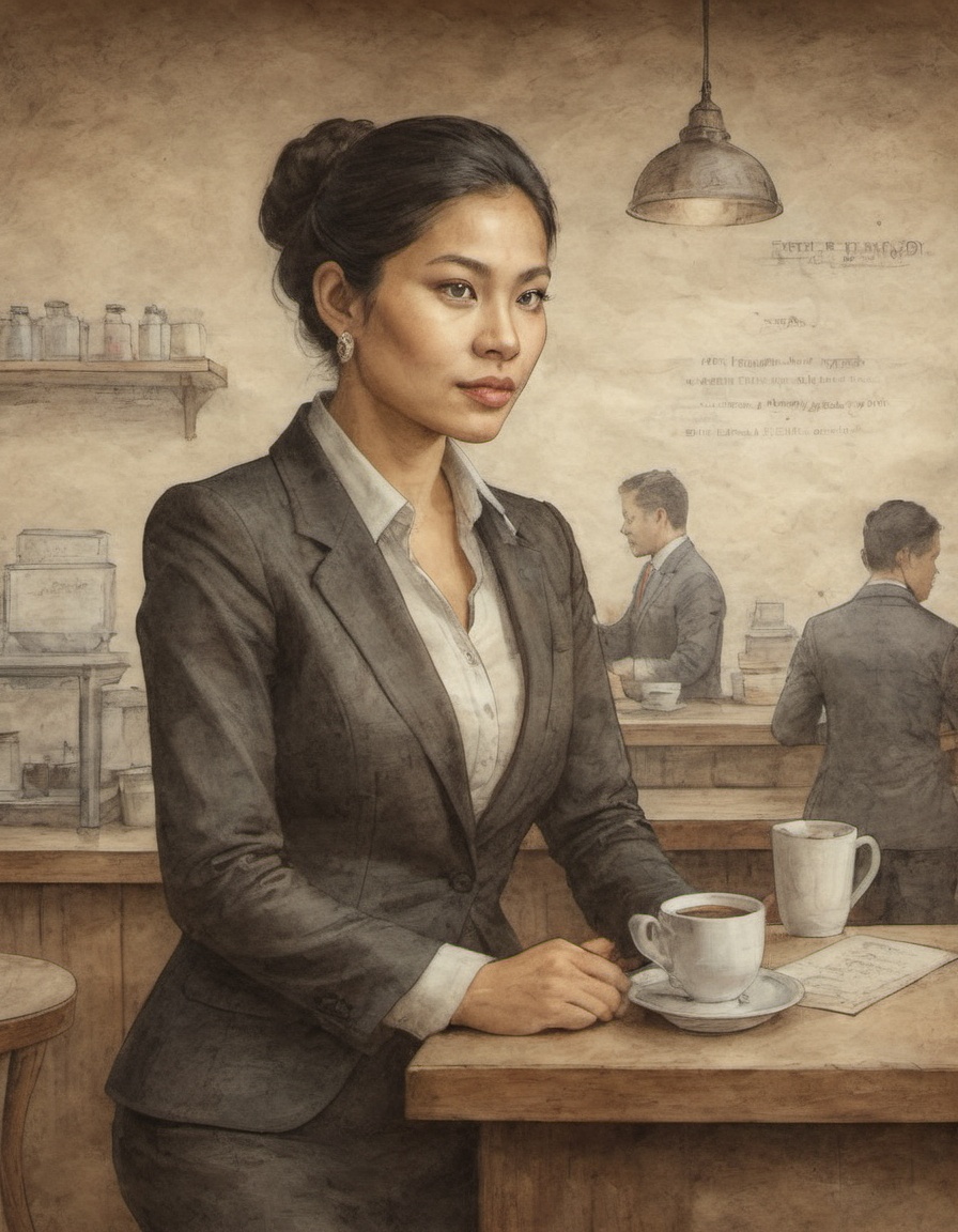 on parchment portrait of a Filippino woman in a business suit at a bustling coffee shop on Tensor.Art
