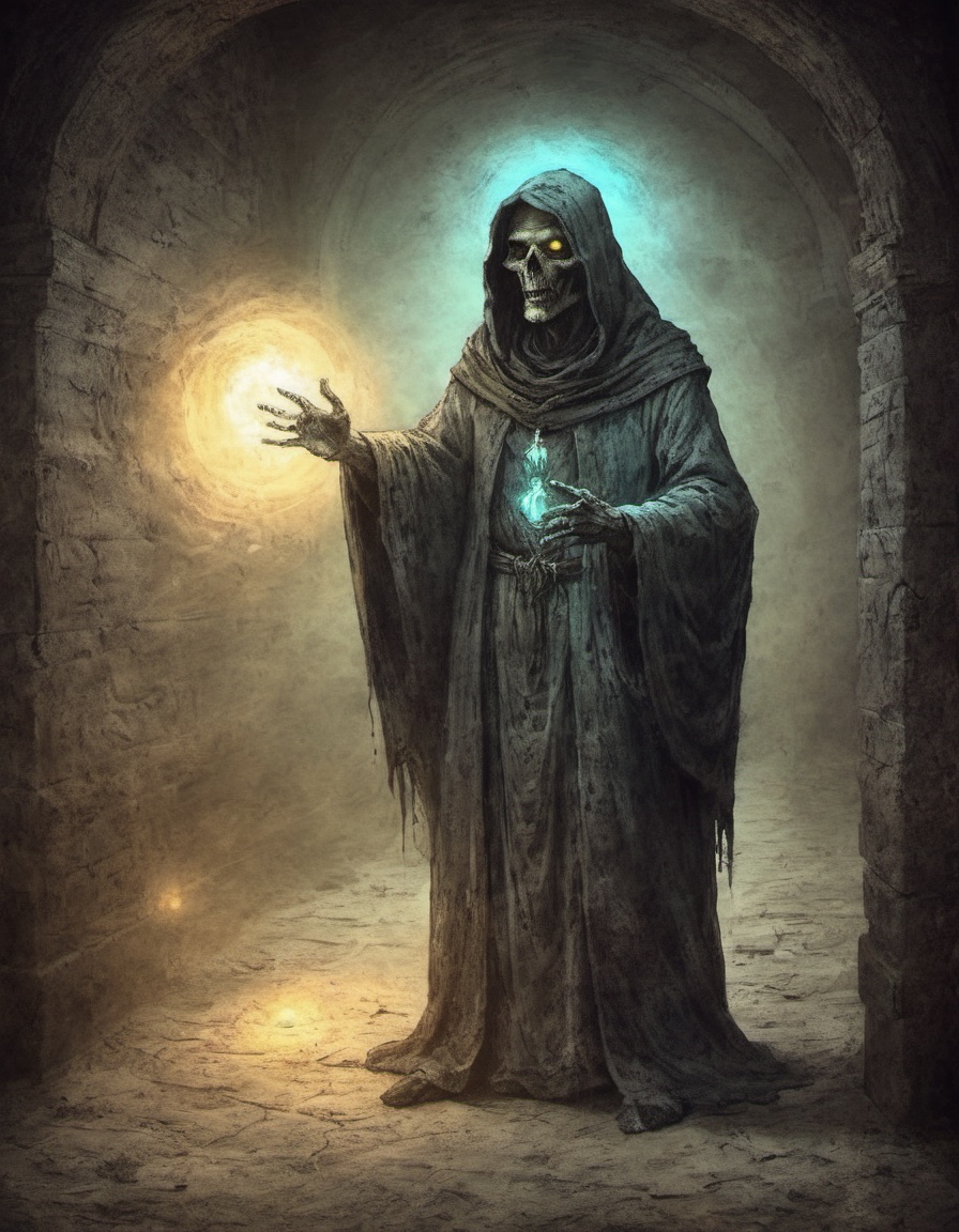 on parchment fearsome undead spectral glowing luminous liche priest mage illuminating a dark abandoned stone hallway mythi...