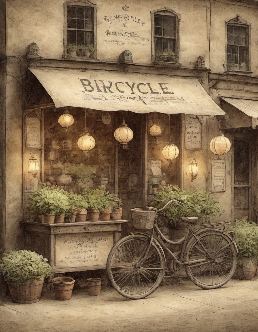 on parchment bicycle shop storefront ground vehicle paper lantern plant sign scenery on Tensor.Art