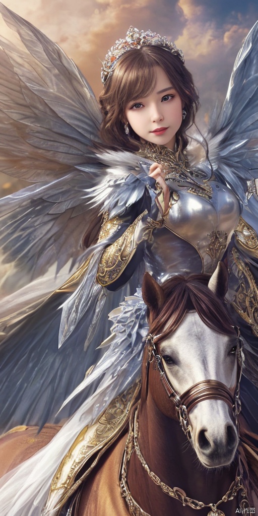  1girl,Metal wings,Fairy, crystal,jewels, horsebackriding