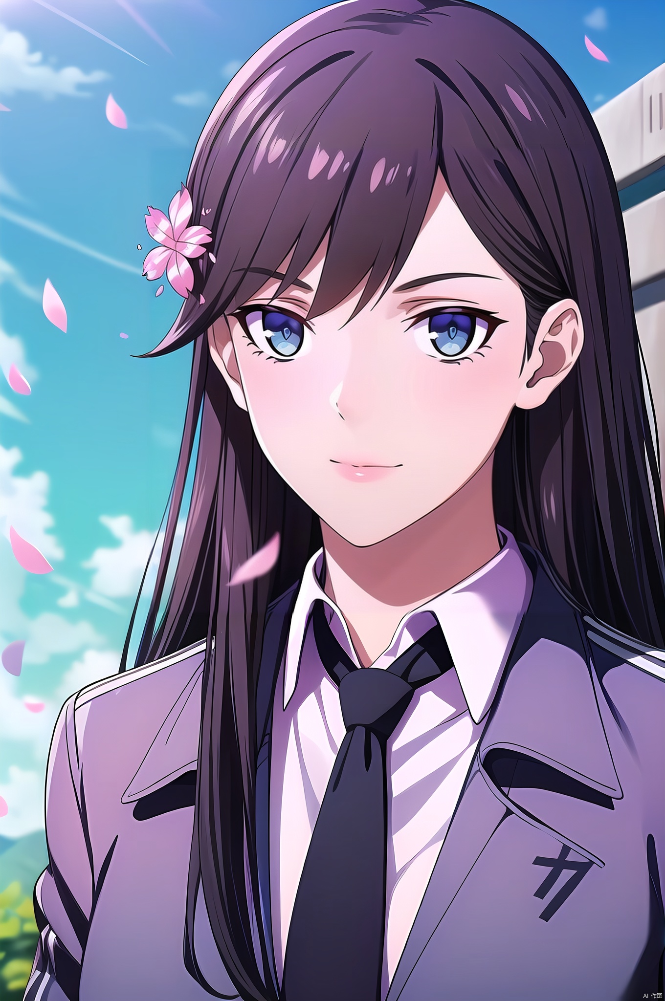 Sunrong, 1girl, solo, hair ornament, blue eyes, long hair, necktie, flower, hair flower, black hair, sky, petals, letterboxed, cherry blossoms, day, cloud, black necktie, blue sky,nice hands, perfect balance, looking at viewer, closed mouth, (Light_Smile:0.3), official art, extremely detailed CG unity 8k wallpaper, perfect lighting, Colorful, Bright_Front_face_Lighting, White skin, (masterpiece:1), (best_quality:1), ultra high res, 4K, ultra-detailed, photography, 8K, HDR, highres, absurdres:1.2, Kodak portra 400, film grain, blurry background, bokeh:1.2, lens flare, (vibrant_color:1.2), professional photograph, (narrow_waist), dark studio, , Sunrong