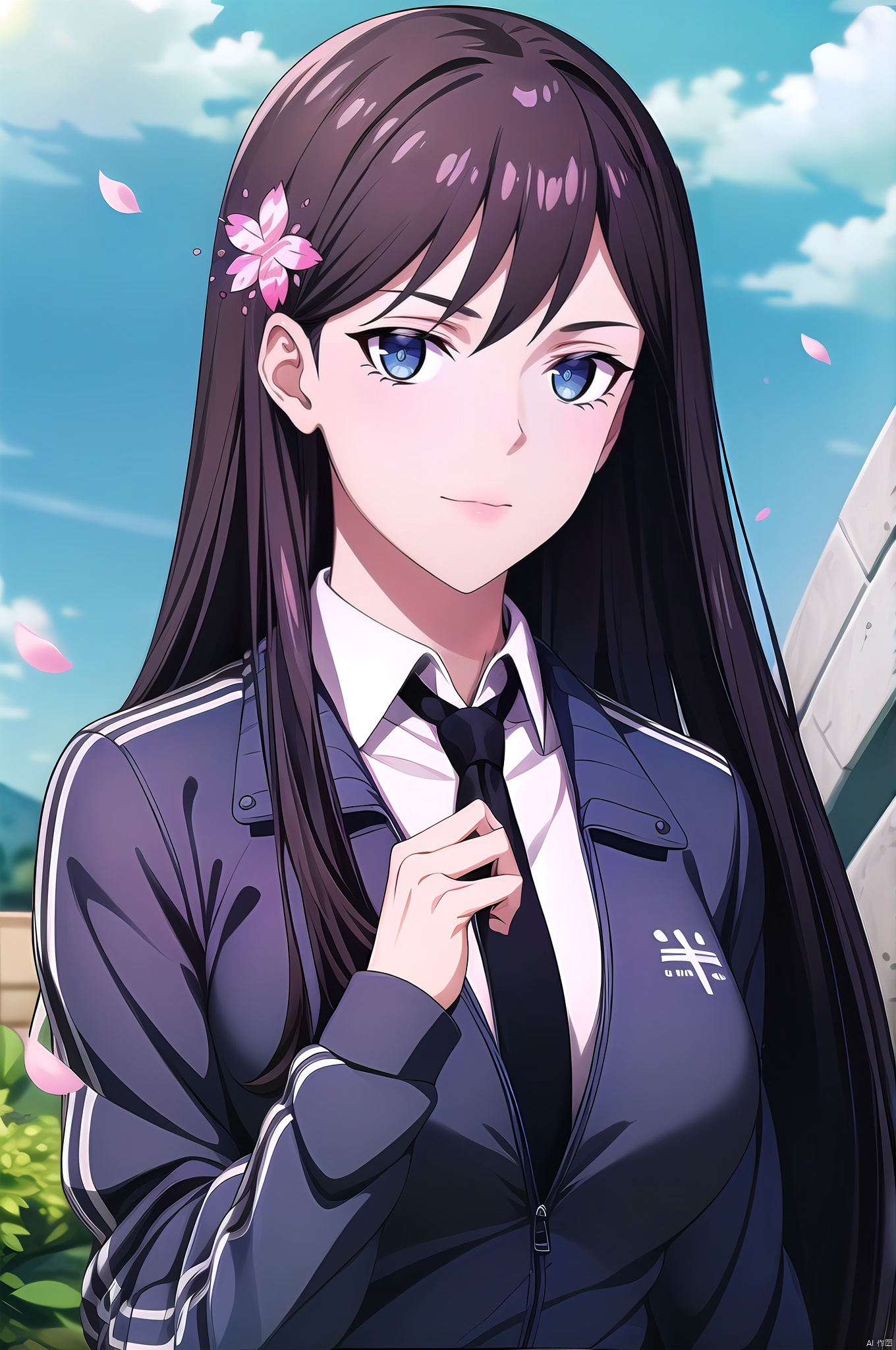 Sunrong, 1girl, solo, hair ornament, blue eyes, long hair, necktie, flower, hair flower, black hair, sky, petals, letterboxed, cherry blossoms, day, cloud, black necktie, blue sky,nice hands, perfect balance, looking at viewer, closed mouth, (Light_Smile:0.3), official art, extremely detailed CG unity 8k wallpaper, perfect lighting, Colorful, Bright_Front_face_Lighting, White skin, (masterpiece:1), (best_quality:1), ultra high res, 4K, ultra-detailed, photography, 8K, HDR, highres, absurdres:1.2, Kodak portra 400, film grain, blurry background, bokeh:1.2, lens flare, (vibrant_color:1.2), professional photograph, (narrow_waist), dark studio, , Sunrong