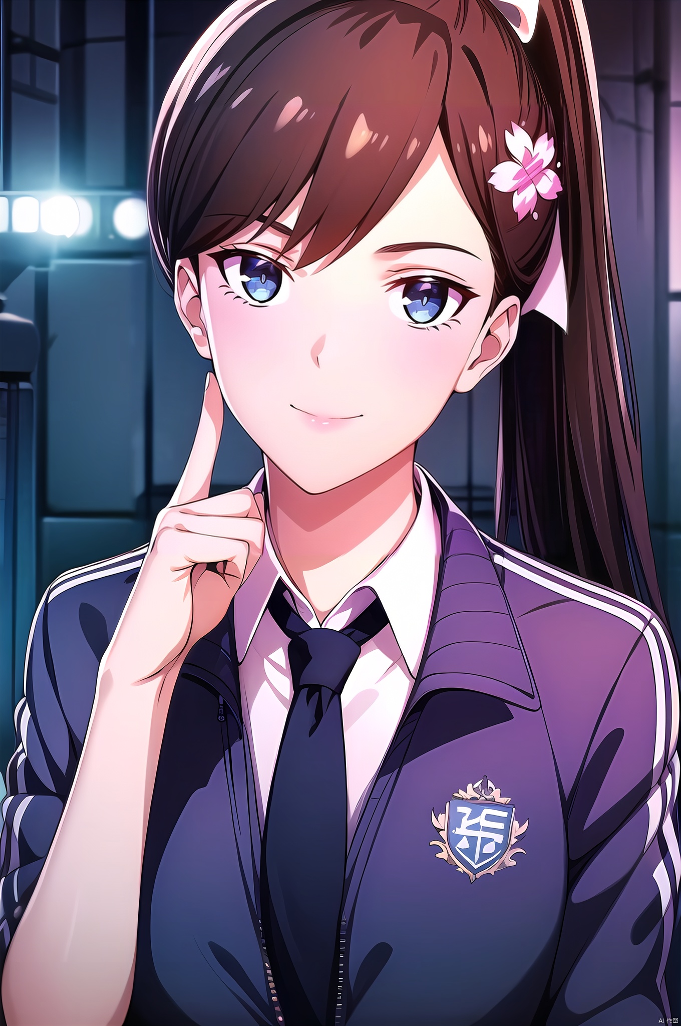 Sunrong, 1girl, solo, long hair, blue eyes, necktie, hair ornament, ponytail, ribbon, jacket, smile, hair ribbon, black hair, hair flower, school uniform, black necktie, flower, skirt, brown hair, shirt, sidelocks,nice hands, perfect balance, looking at viewer, closed mouth, (Light_Smile:0.3), official art, extremely detailed CG unity 8k wallpaper, perfect lighting, Colorful, Bright_Front_face_Lighting, White skin, (masterpiece:1), (best_quality:1), ultra high res, 4K, ultra-detailed, photography, 8K, HDR, highres, absurdres:1.2, Kodak portra 400, film grain, blurry background, bokeh:1.2, lens flare, (vibrant_color:1.2), professional photograph, (narrow_waist), dark studio, , Sunrong