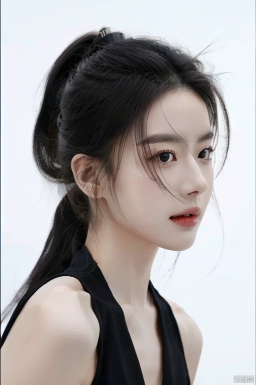  solo, highly detailed, cinematic highlight hair, (best quality), ((masterpiece)),1girl, black hair,black eyes, realistic,simple_background, qiongming, ponytail,looking at viewer, 1girl