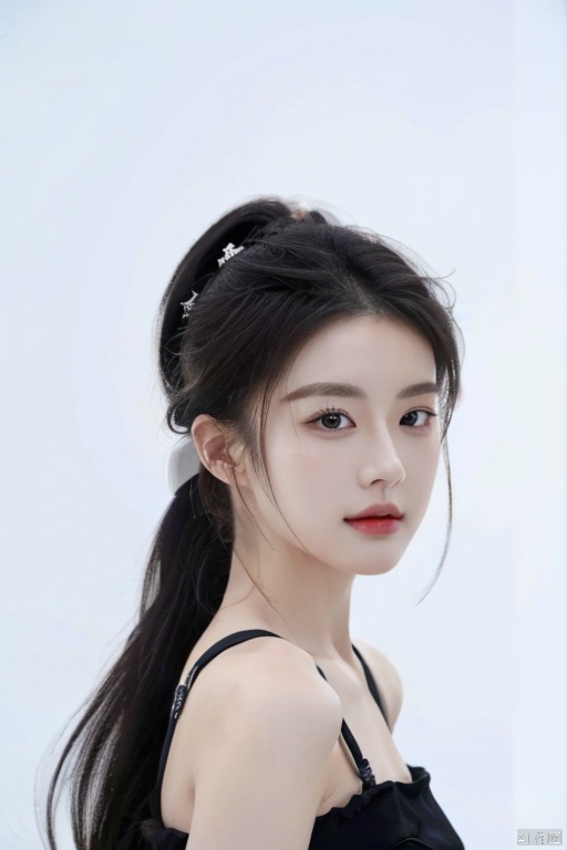  solo, highly detailed, cinematic highlight hair, (best quality), ((masterpiece)),1girl, black hair,black eyes, realistic,simple_background, qiongming, ponytail,looking at viewer, 1girl