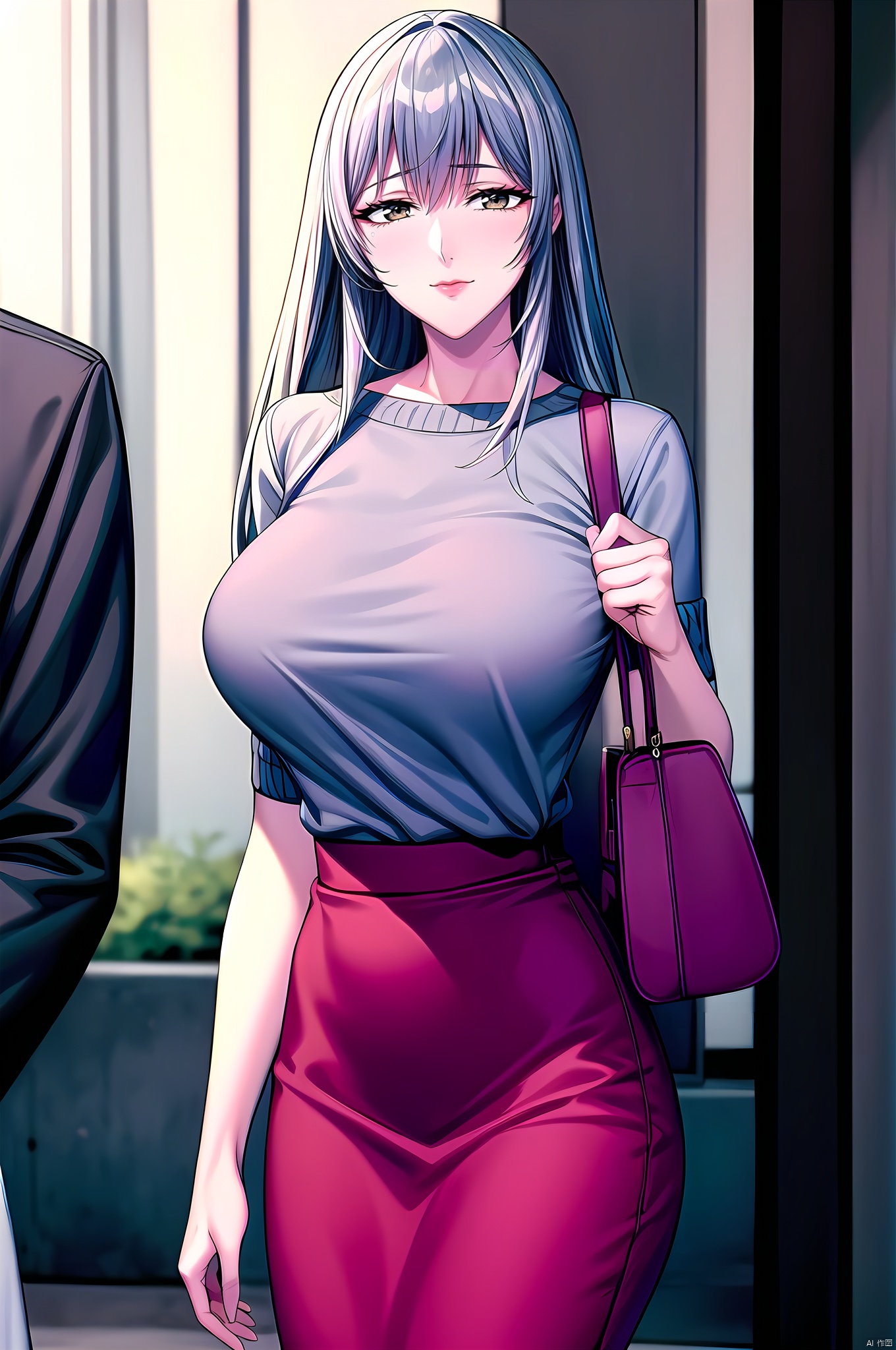 Honjou, 1girl, long hair, breasts, skirt, bag, sweater, large breasts, solo focus, casual, grey hair, handbag,nice hands, perfect balance, looking at viewer, closed mouth, (Light_Smile:0.3), official art, extremely detailed CG unity 8k wallpaper, perfect lighting, Colorful, Bright_Front_face_Lighting, White skin, (masterpiece:1), (best_quality:1), ultra high res, 4K, ultra-detailed, photography, 8K, HDR, highres, absurdres:1.2, Kodak portra 400, film grain, blurry background, bokeh:1.2, lens flare, (vibrant_color:1.2), professional photograph, (narrow_waist), dark studio, Honjou