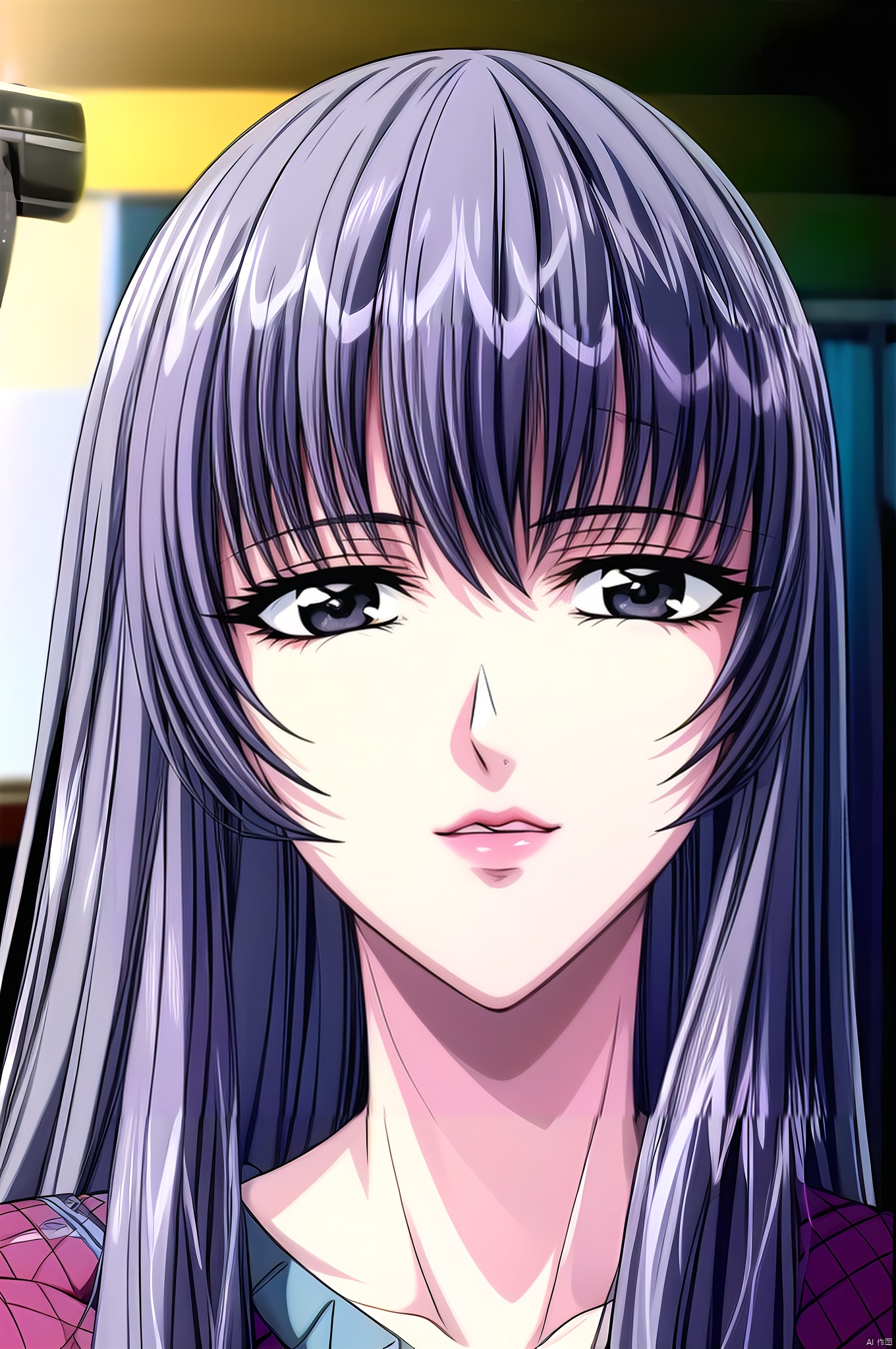 Honjou, 1girl, solo, reflection, bangs, close-up, portrait, grey hair, parted lips, long hair, blue hair,sweater,nice hands, perfect balance, looking at viewer, closed mouth, (Light_Smile:0.3), official art, extremely detailed CG unity 8k wallpaper, perfect lighting, Colorful, Bright_Front_face_Lighting, White skin, (masterpiece:1), (best_quality:1), ultra high res, 4K, ultra-detailed, photography, 8K, HDR, highres, absurdres:1.2, Kodak portra 400, film grain, blurry background, bokeh:1.2, lens flare, (vibrant_color:1.2), professional photograph, (narrow_waist), dark studio, Honjou