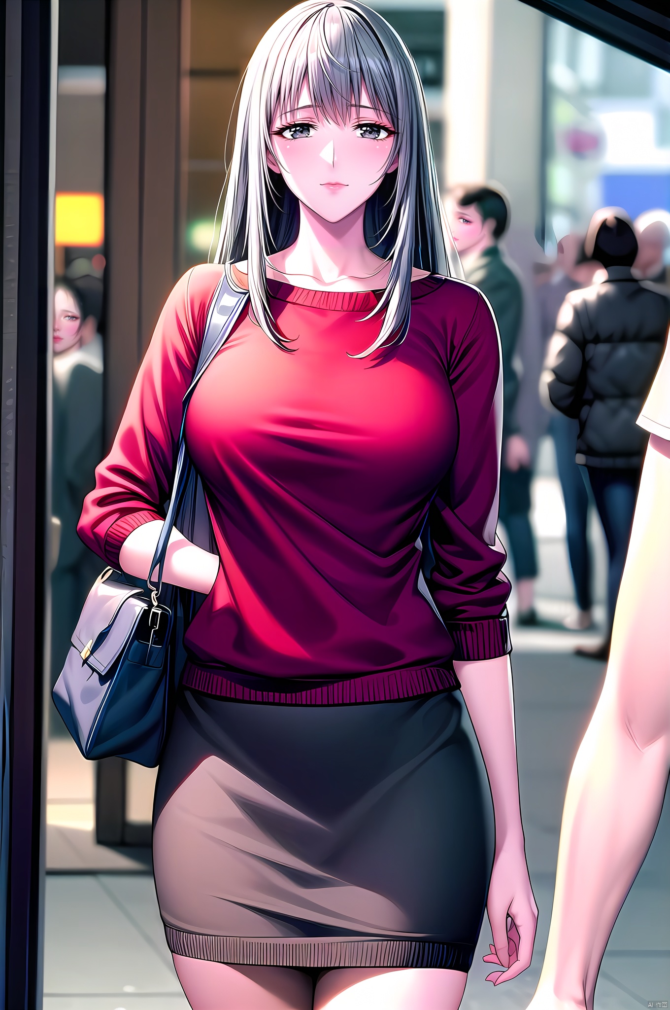 Honjou, 1girl, long hair, breasts, skirt, bag, sweater, large breasts, solo focus, casual, grey hair, handbag,nice hands, perfect balance, looking at viewer, closed mouth, (Light_Smile:0.3), official art, extremely detailed CG unity 8k wallpaper, perfect lighting, Colorful, Bright_Front_face_Lighting, White skin, (masterpiece:1), (best_quality:1), ultra high res, 4K, ultra-detailed, photography, 8K, HDR, highres, absurdres:1.2, Kodak portra 400, film grain, blurry background, bokeh:1.2, lens flare, (vibrant_color:1.2), professional photograph, (narrow_waist), dark studio, Honjou
