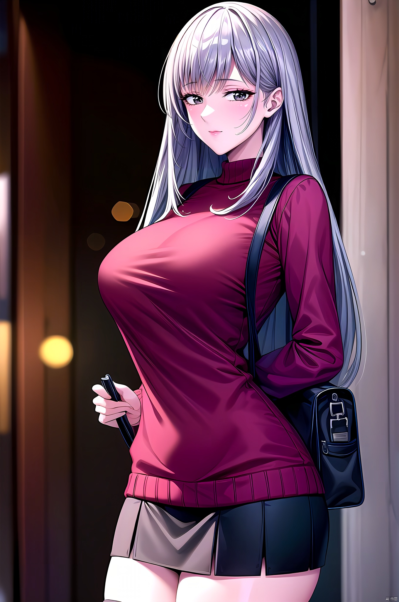 Honjou, 1girl, long hair, breasts, skirt, bag, sweater, large breasts, solo focus, casual, grey hair, handbag,nice hands, perfect balance, looking at viewer, closed mouth, (Light_Smile:0.3), official art, extremely detailed CG unity 8k wallpaper, perfect lighting, Colorful, Bright_Front_face_Lighting, White skin, (masterpiece:1), (best_quality:1), ultra high res, 4K, ultra-detailed, photography, 8K, HDR, highres, absurdres:1.2, Kodak portra 400, film grain, blurry background, bokeh:1.2, lens flare, (vibrant_color:1.2), professional photograph, (narrow_waist), dark studio, Honjou