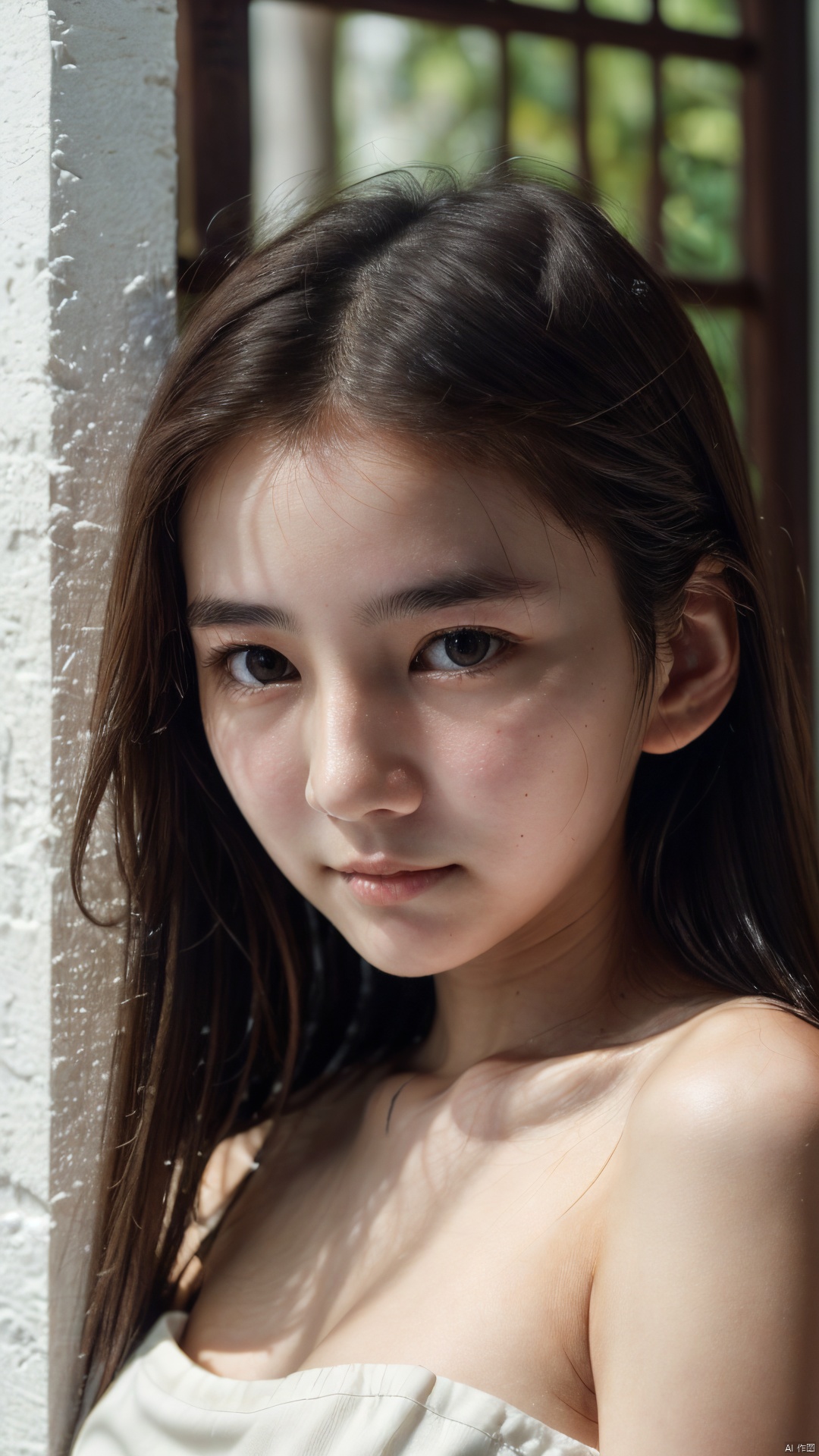 (long black hair),((fair white skin))、(close up),(original photography:1.5),a girl, ((Exquisite and perfect beautiful face,Beautiful and delicate eyes、double eyelids)),young girl,White tube top,big tits, rinrada