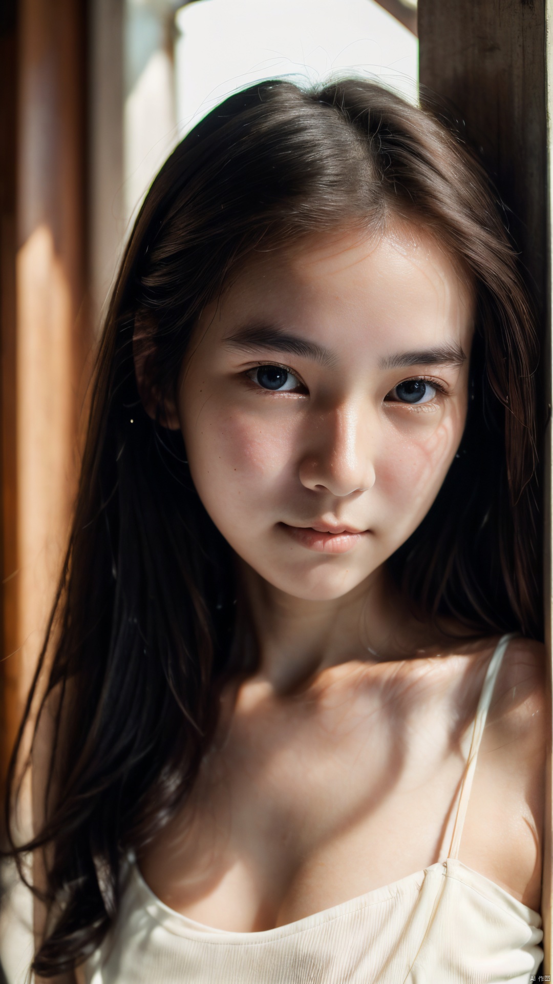 (long black hair),((fair white skin))、(close up),(original photography:1.5),a girl, ((Exquisite and perfect beautiful face,Beautiful and delicate eyes、double eyelids)),young girl,White tube top,big tits, rinrada