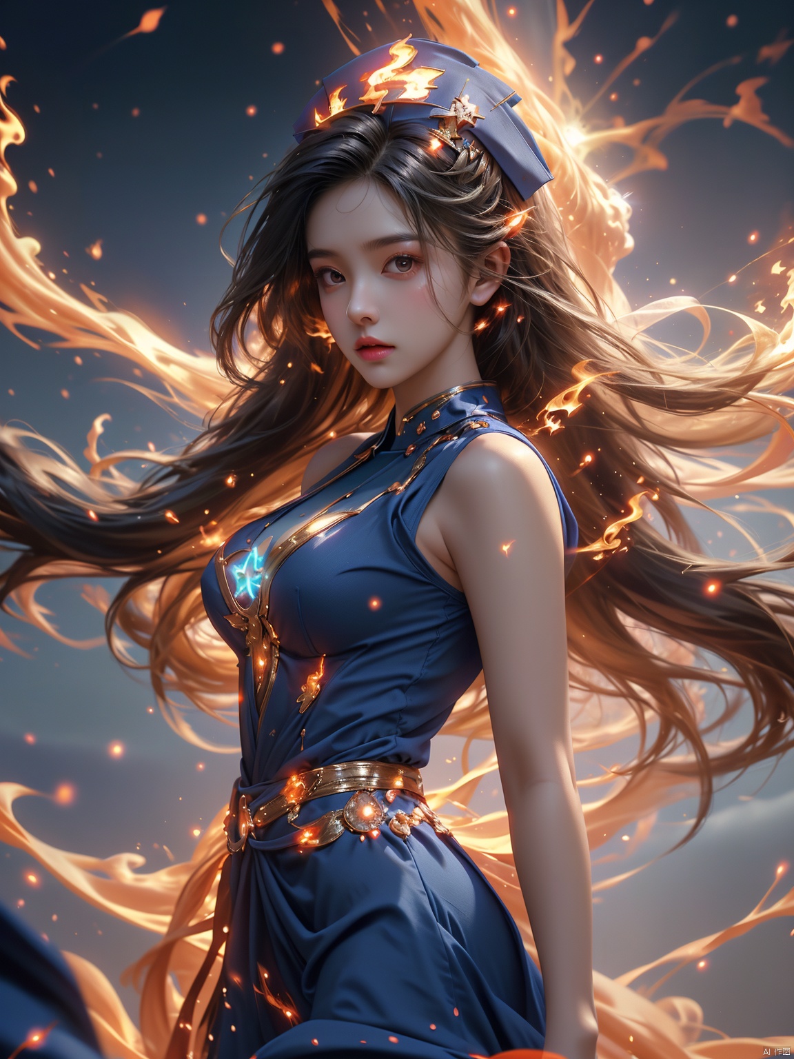  masterpiece, 1 girl, Look at me, Long hair, Flame, A magical scene, glowing, Floating hair, realistic, Nebula, An incredible picture, The magic array behind it, Sister., Exposed clothes, Big breasts, Stand, A luxurious palace, textured skin, super detail, best quality, Trainee Nurse