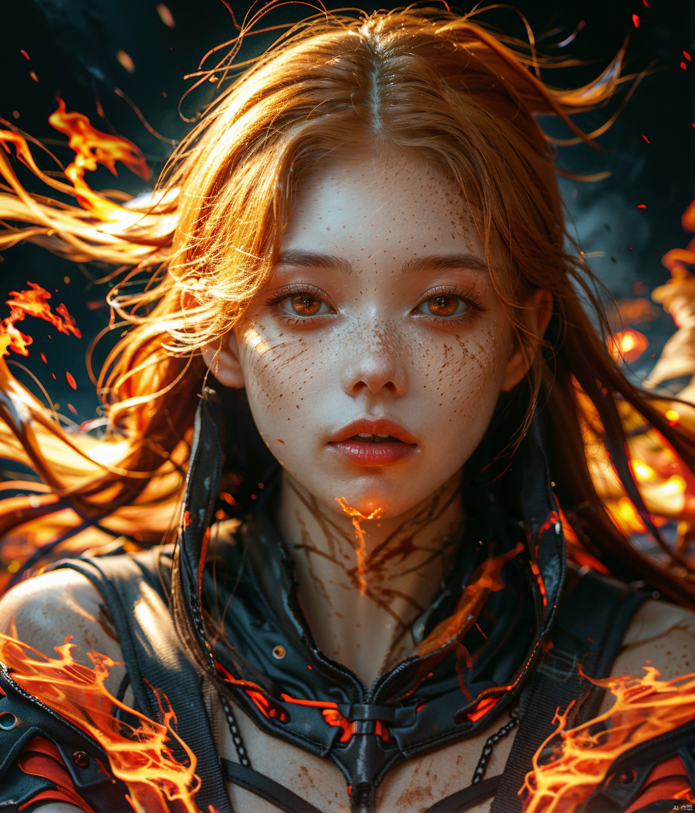 1girl, solo, fire, freckles, upper body, realistic, lips, bare shoulders, fiery red hair, fiery red eyes