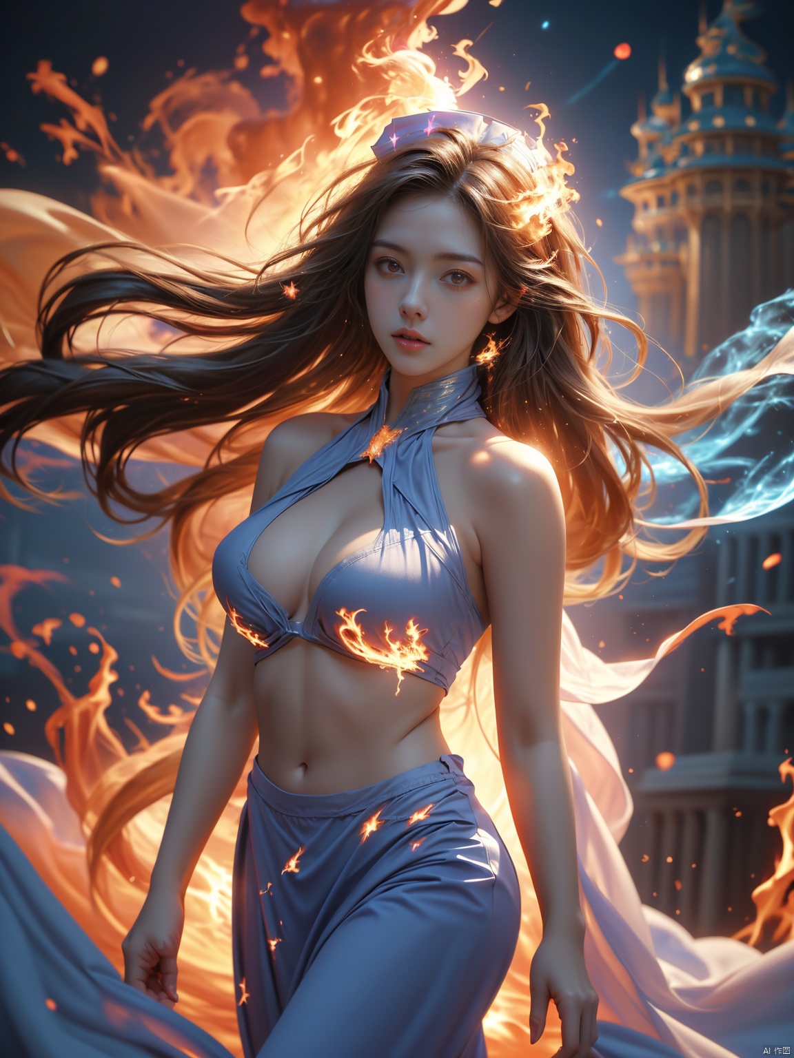  masterpiece, 1 girl, Look at me, Long hair, Flame, A magical scene, glowing, Floating hair, realistic, Nebula, An incredible picture, The magic array behind it, Sister., Exposed clothes, Big breasts, Stand, A luxurious palace, textured skin, super detail, best quality, Trainee Nurse