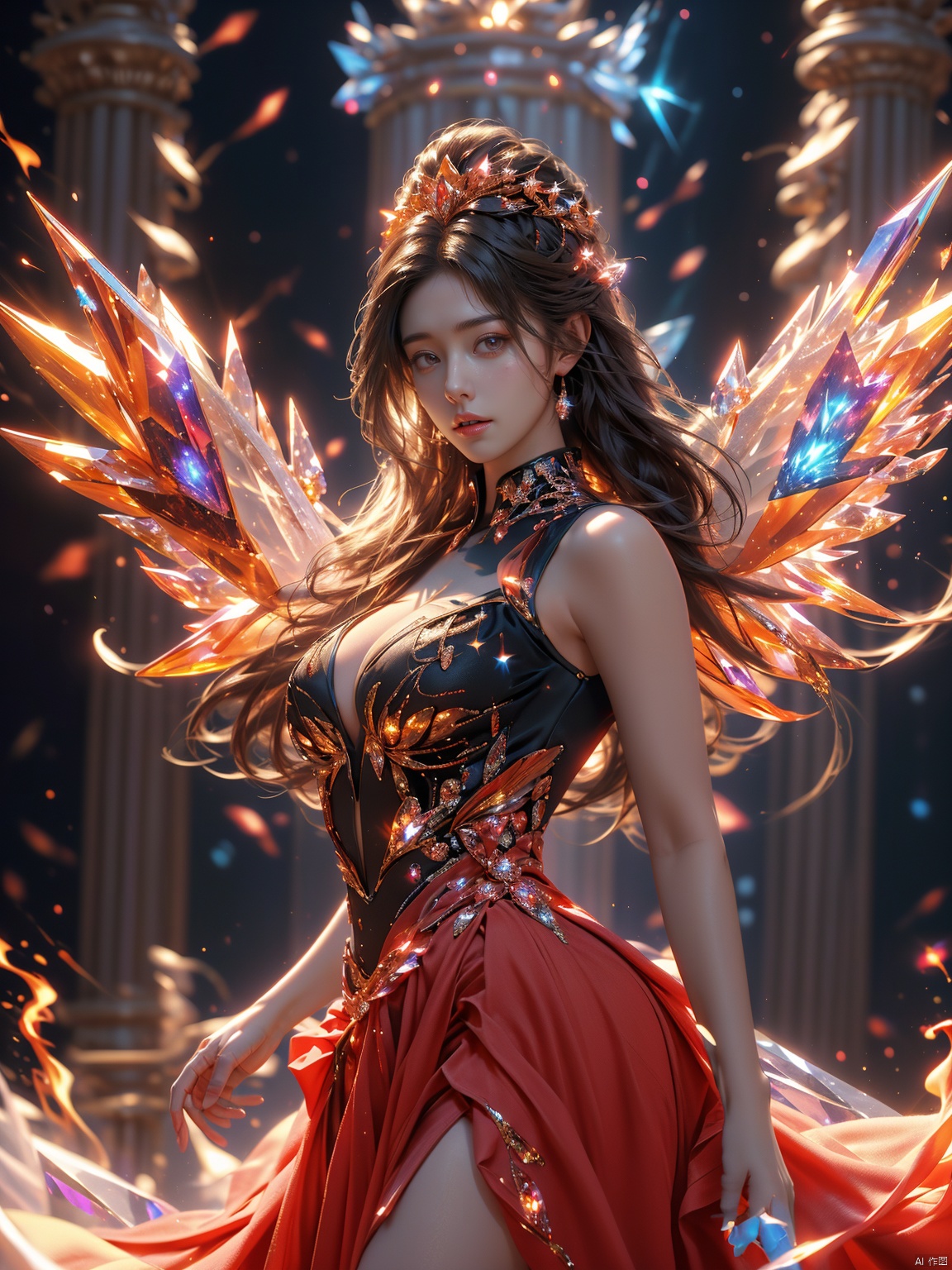  masterpiece, 1 girl, Look at me, Long hair, Flame, A magical scene, glowing, Floating hair, realistic, Nebula, An incredible picture, The magic array behind it, Sister., Exposed clothes, Big breasts, Stand, A luxurious palace, textured skin, super detail, best quality, Trainee Nurse, crystal_dress , crystal , wings ,