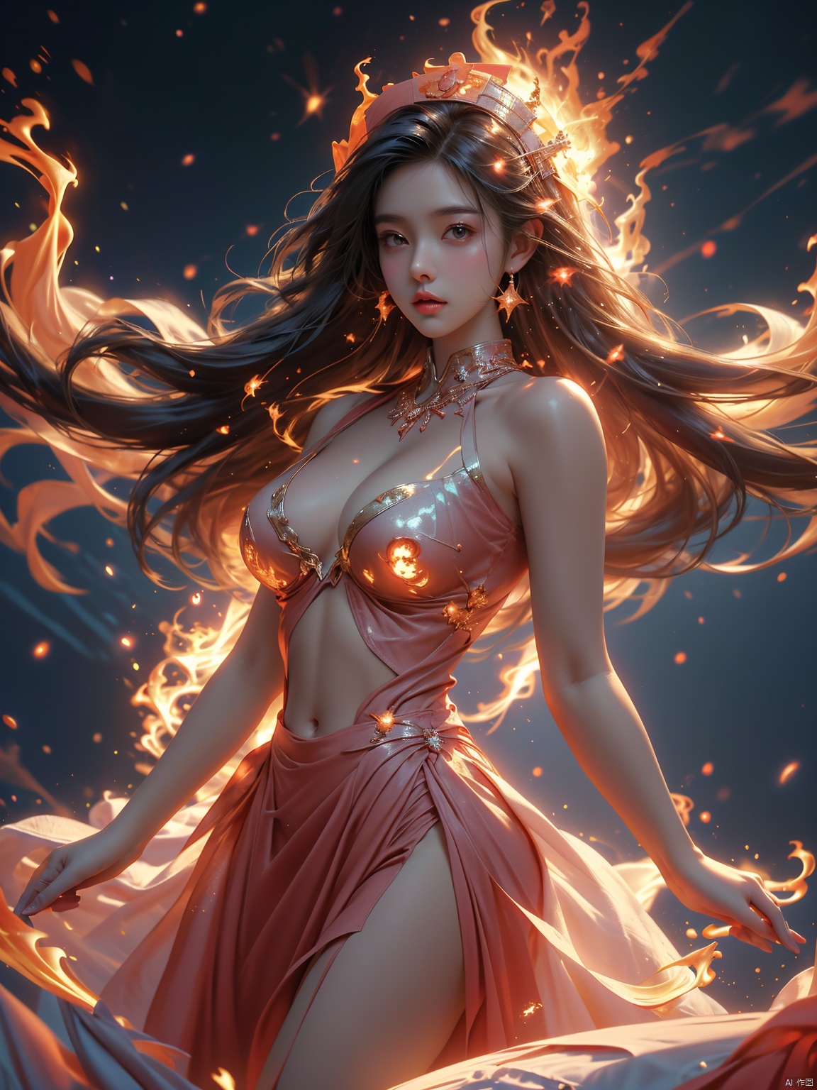  masterpiece, 1 girl, Look at me, Long hair, Flame, A magical scene, glowing, Floating hair, realistic, Nebula, An incredible picture, The magic array behind it, Sister., Exposed clothes, Big breasts, Stand, A luxurious palace, textured skin, super detail, best quality, Trainee Nurse