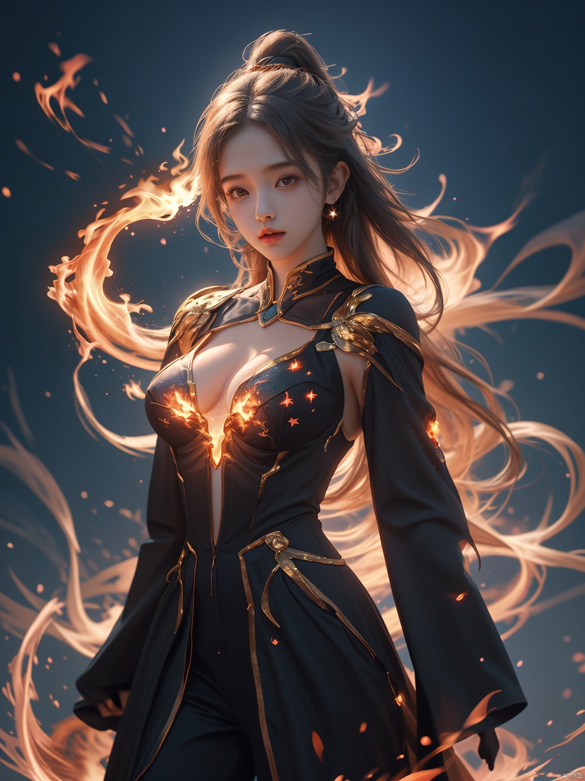  masterpiece, 1 girl, Look at me, Long hair, Flame, A magical scene, glowing, Floating hair, realistic, Nebula, An incredible picture, The magic array behind it, Sister., Exposed clothes, Big breasts, Stand, textured skin, super detail, best quality